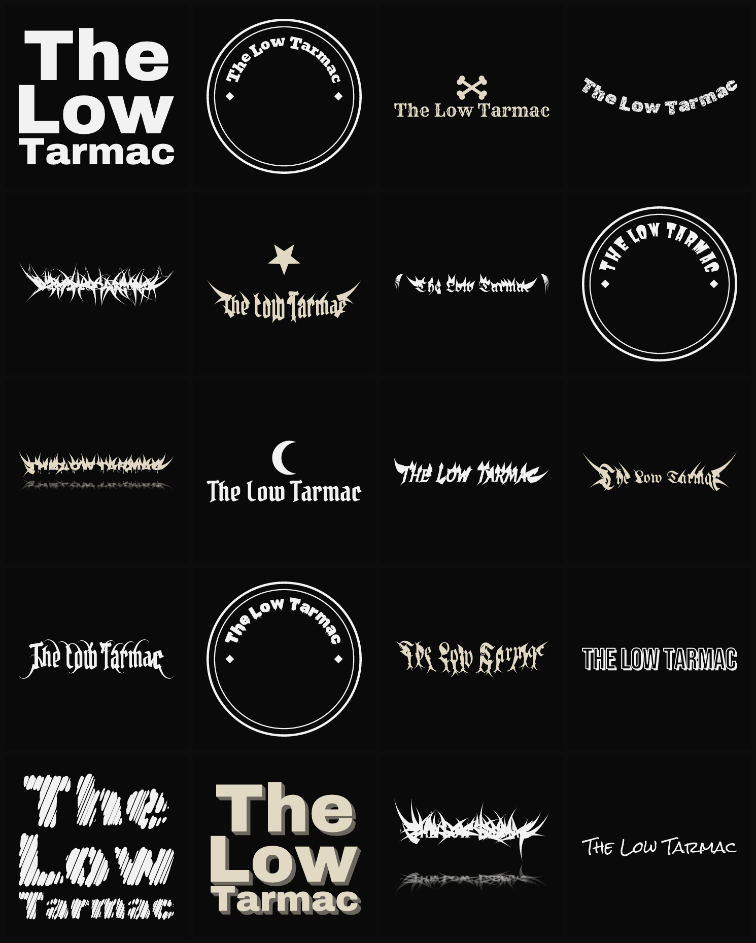 Twenty The Low Tarmac band logo ideas — different faces, treatments and spike settings