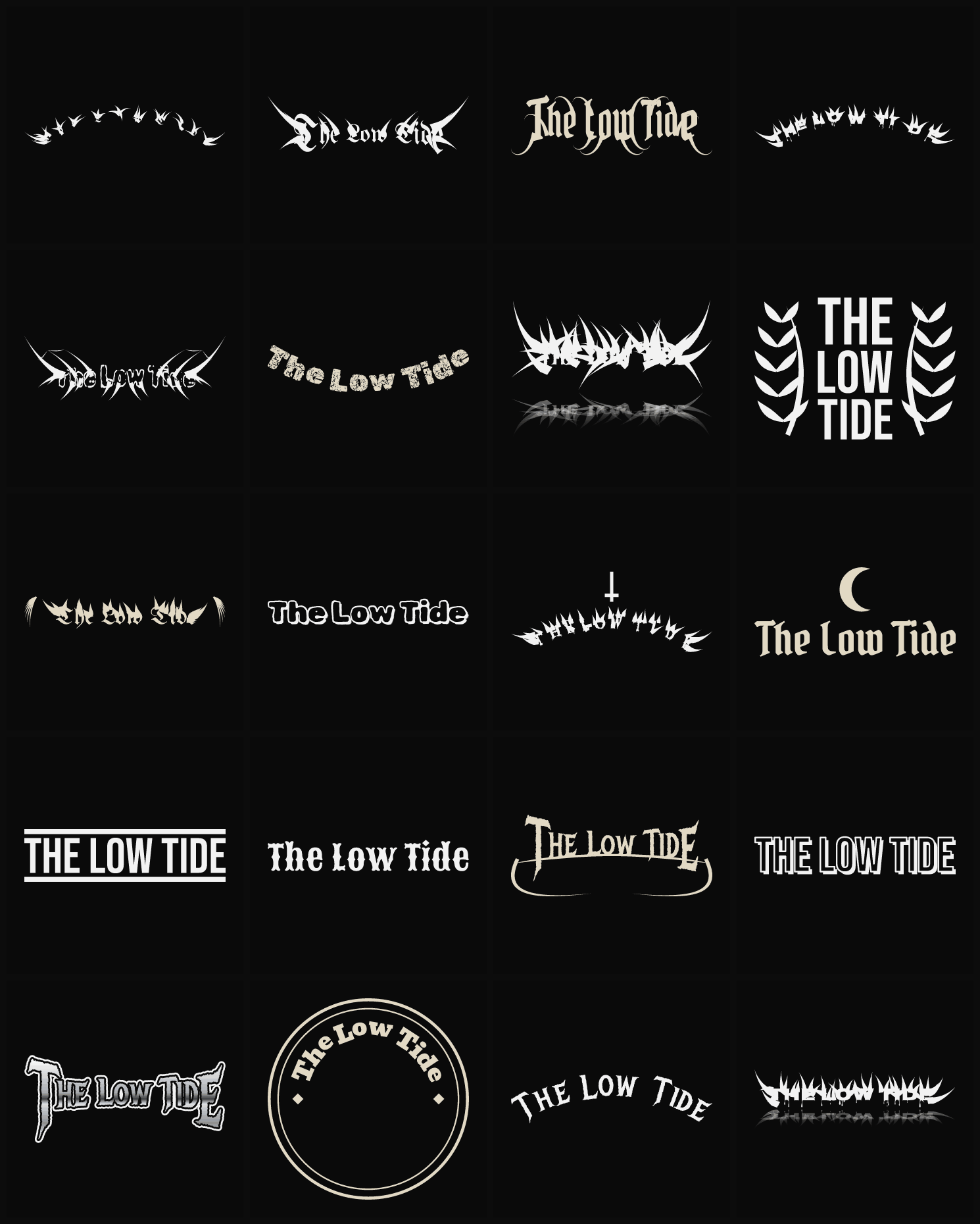 Twenty The Low Tide band logo ideas — different faces, treatments and spike settings