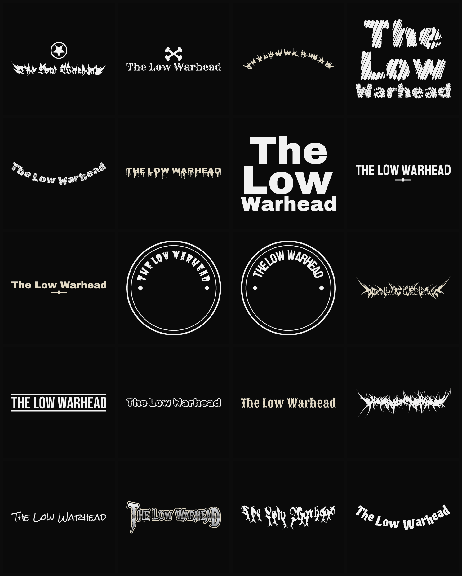 Twenty The Low Warhead band logo ideas — different faces, treatments and spike settings