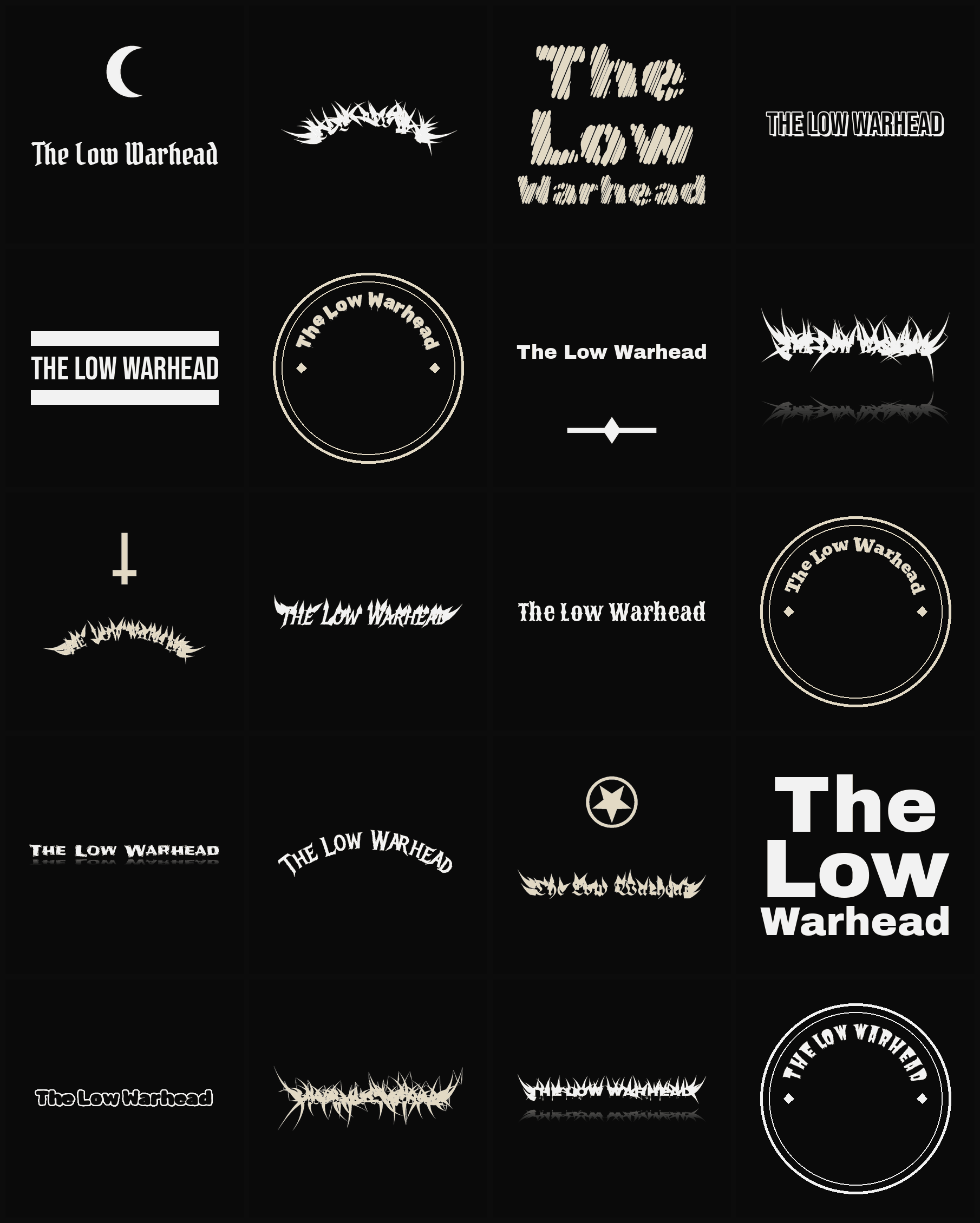 Twenty The Low Warhead band logo ideas — different faces, treatments and spike settings