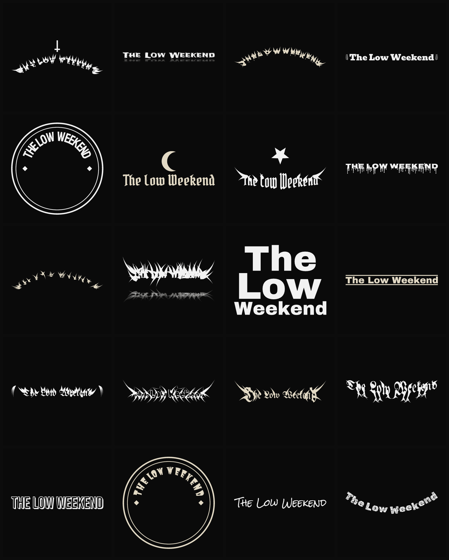 Twenty The Low Weekend band logo ideas — different faces, treatments and spike settings
