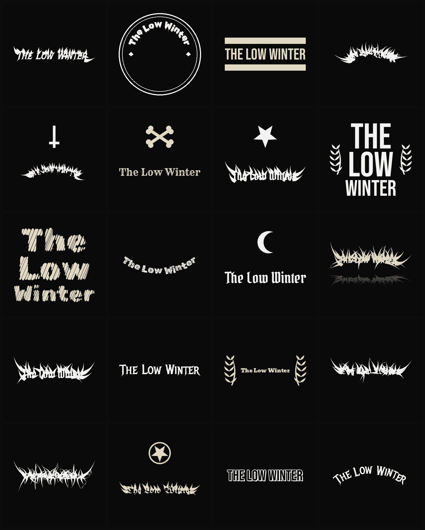 Twenty The Low Winter band logo ideas — different faces, treatments and spike settings