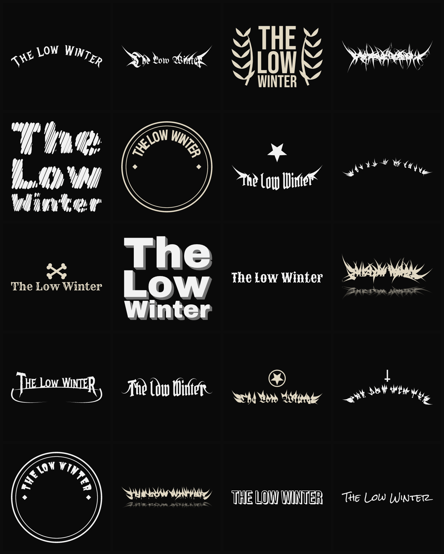 Twenty The Low Winter band logo ideas — different faces, treatments and spike settings