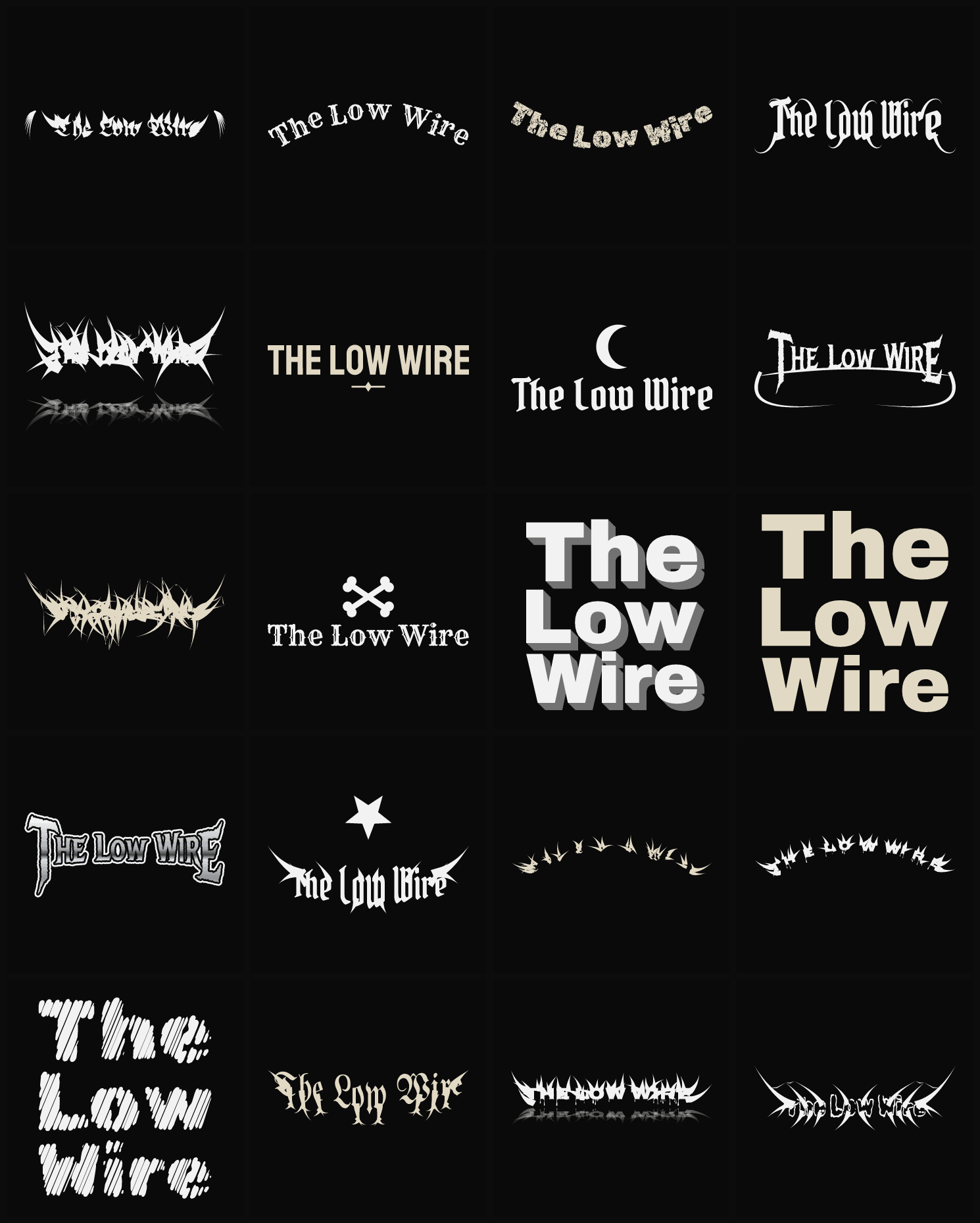 Twenty The Low Wire band logo ideas — different faces, treatments and spike settings