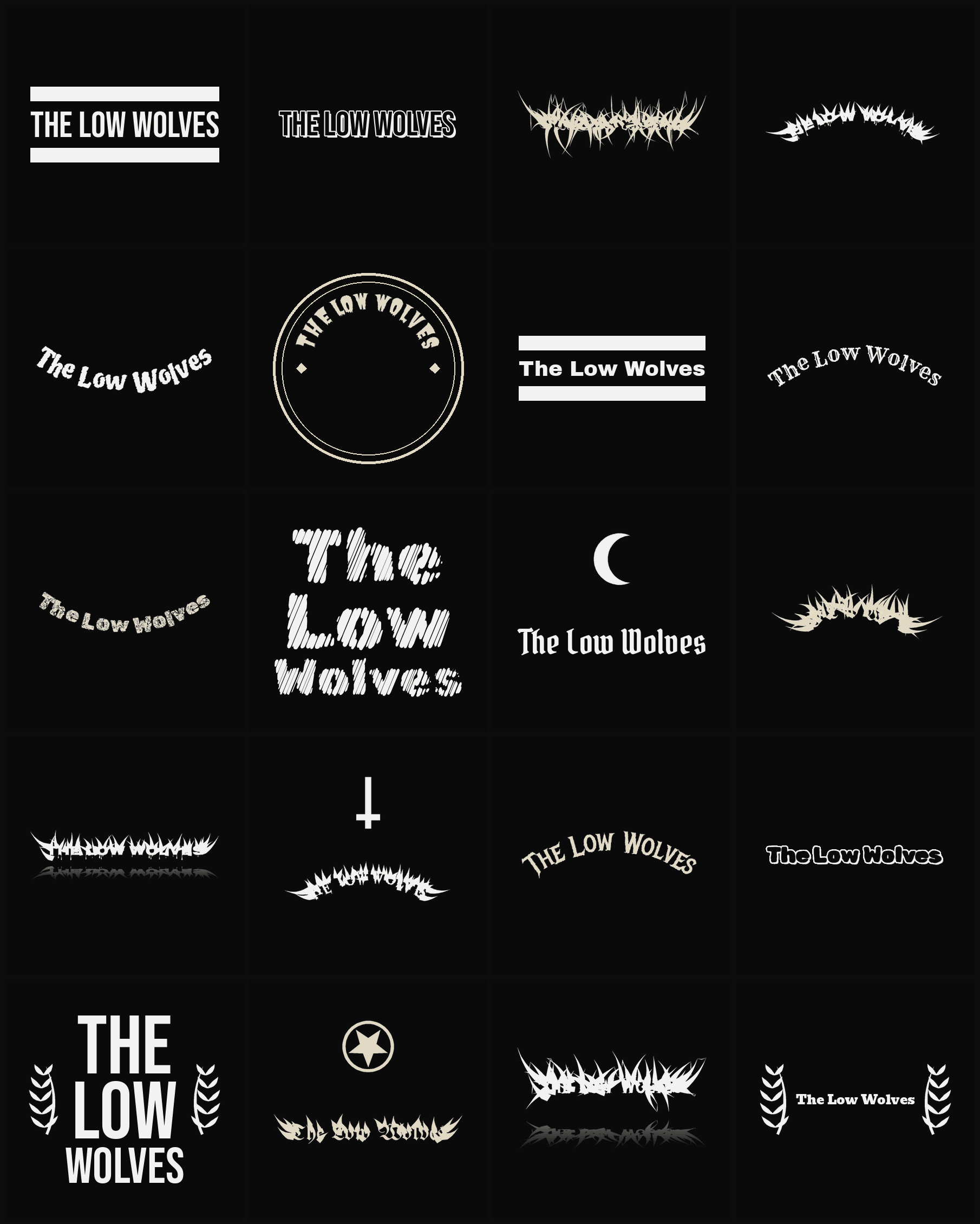 Twenty The Low Wolves band logo ideas — different faces, treatments and spike settings