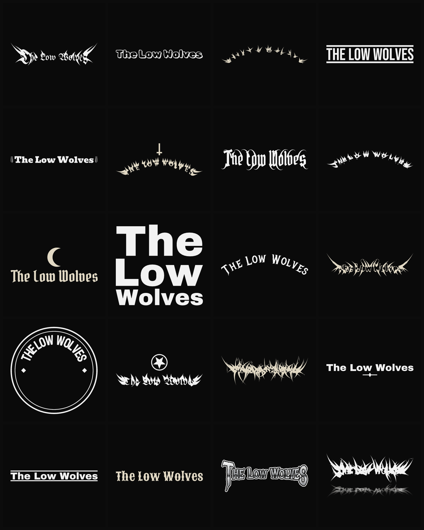 Twenty The Low Wolves band logo ideas — different faces, treatments and spike settings