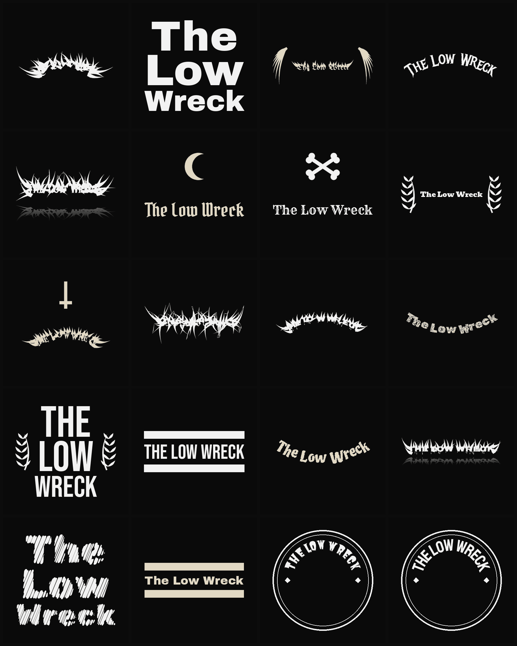 Twenty The Low Wreck band logo ideas — different faces, treatments and spike settings