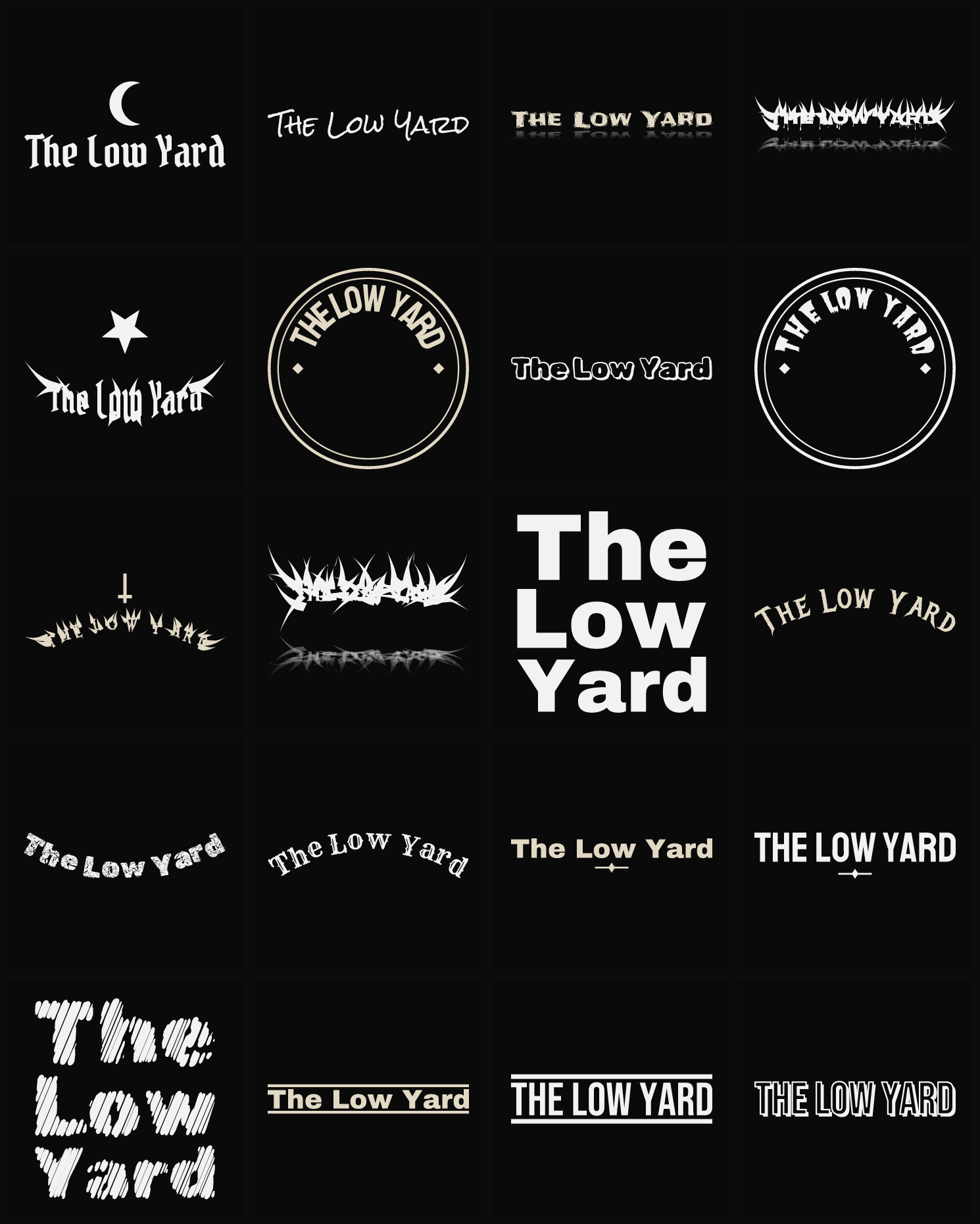 Twenty The Low Yard band logo ideas — different faces, treatments and spike settings