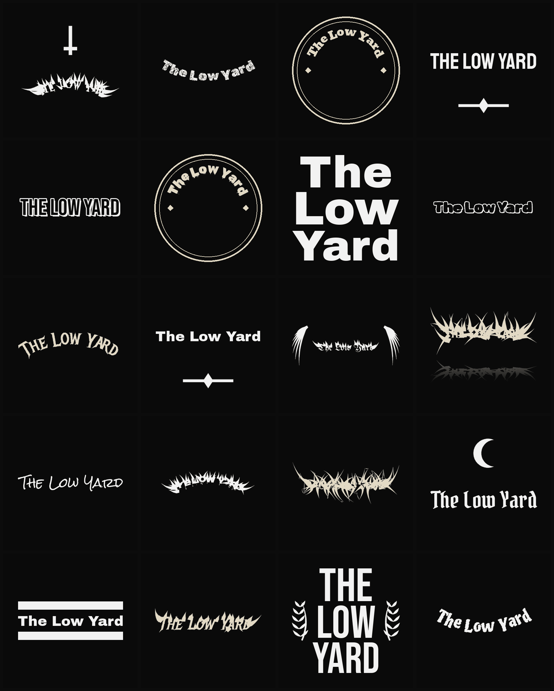 Twenty The Low Yard band logo ideas — different faces, treatments and spike settings