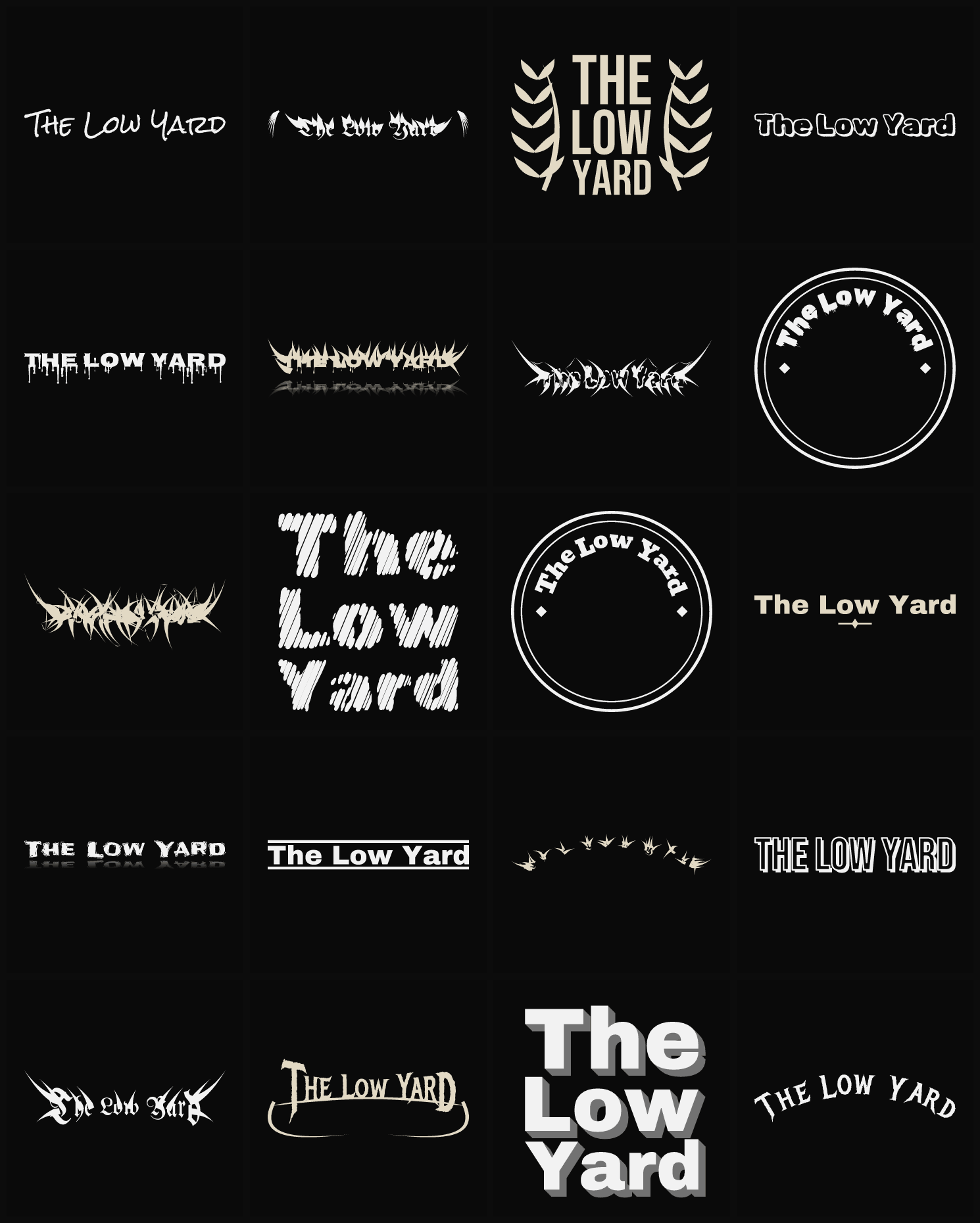 Twenty The Low Yard band logo ideas — different faces, treatments and spike settings
