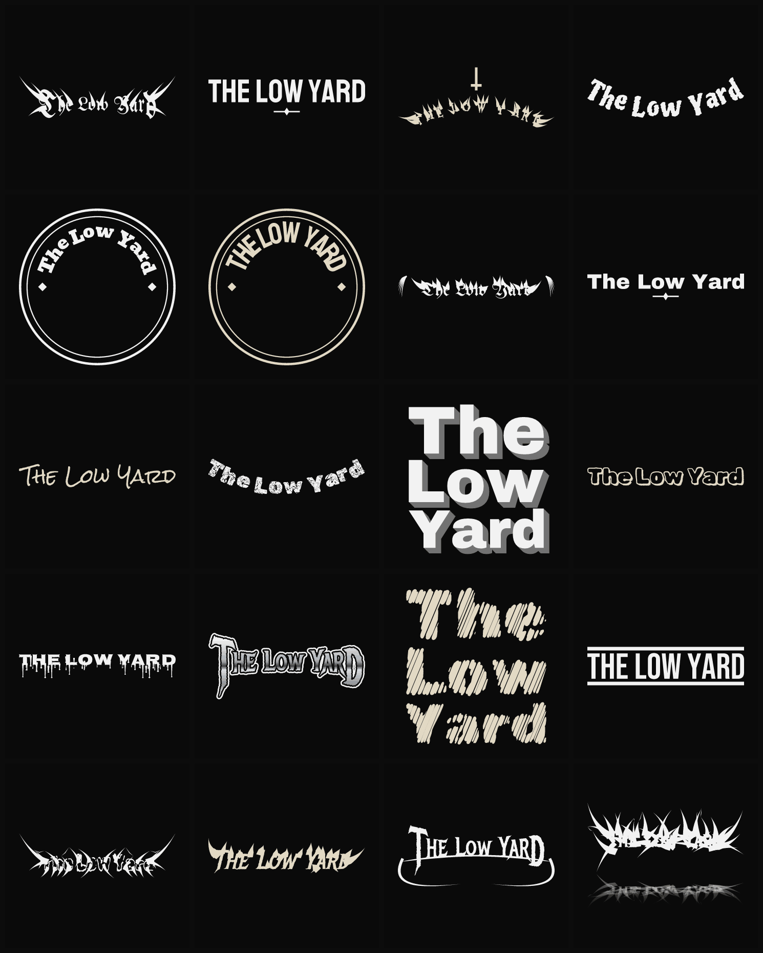 Twenty The Low Yard band logo ideas — different faces, treatments and spike settings