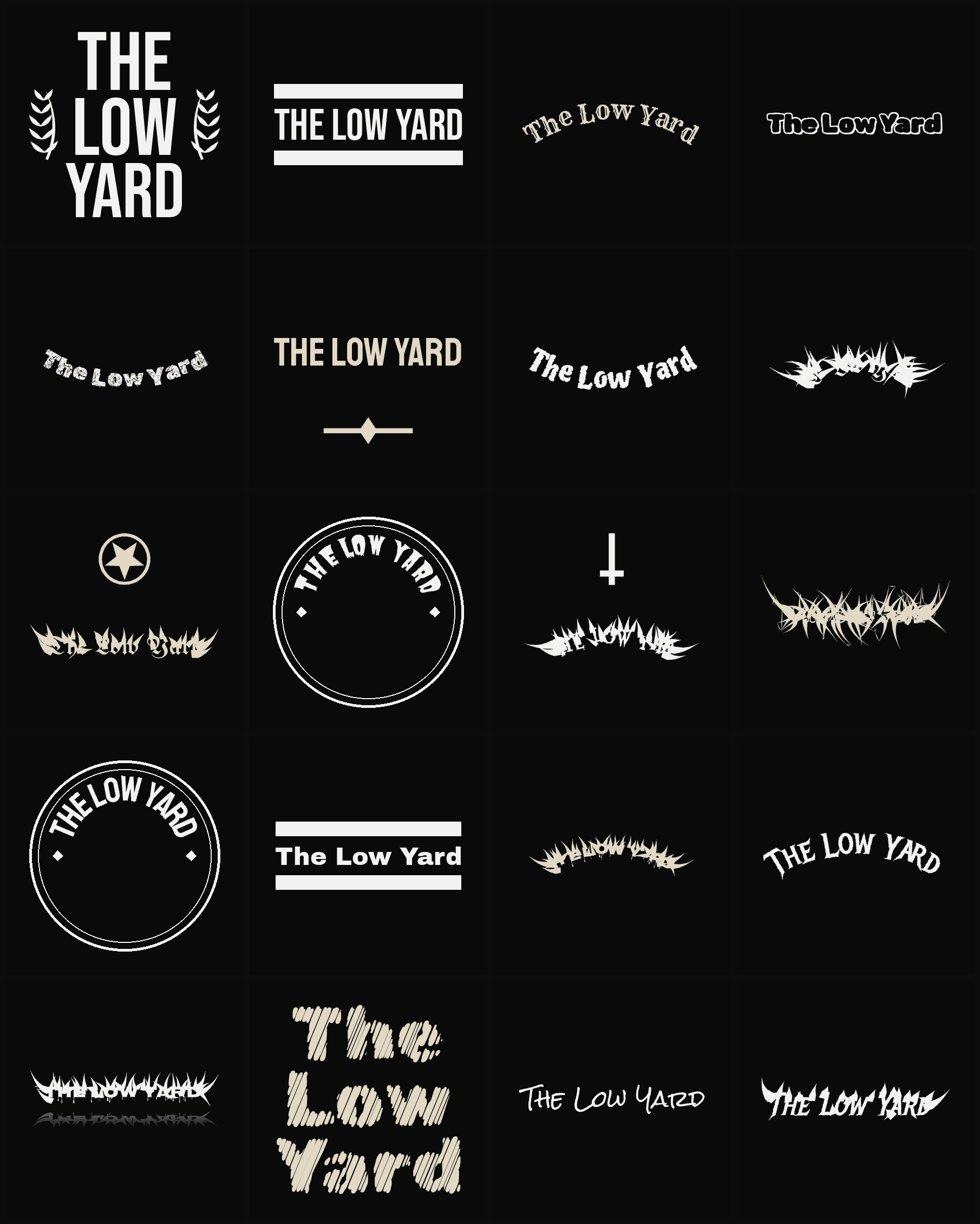 Twenty The Low Yard band logo ideas — different faces, treatments and spike settings