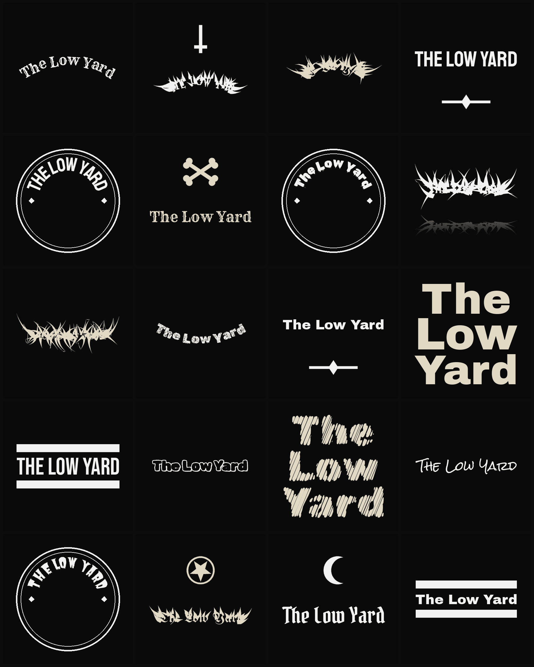 Twenty The Low Yard band logo ideas — different faces, treatments and spike settings