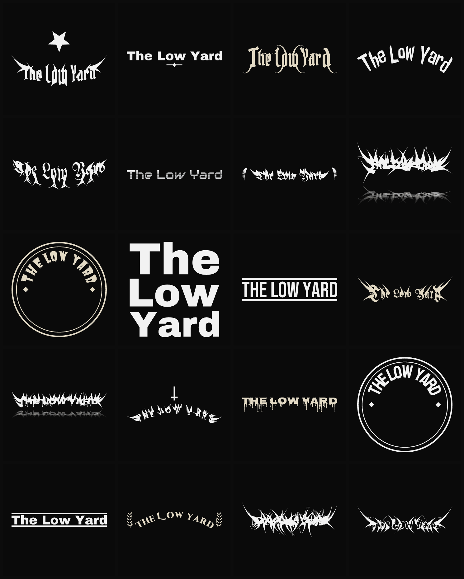 Twenty The Low Yard band logo ideas — different faces, treatments and spike settings