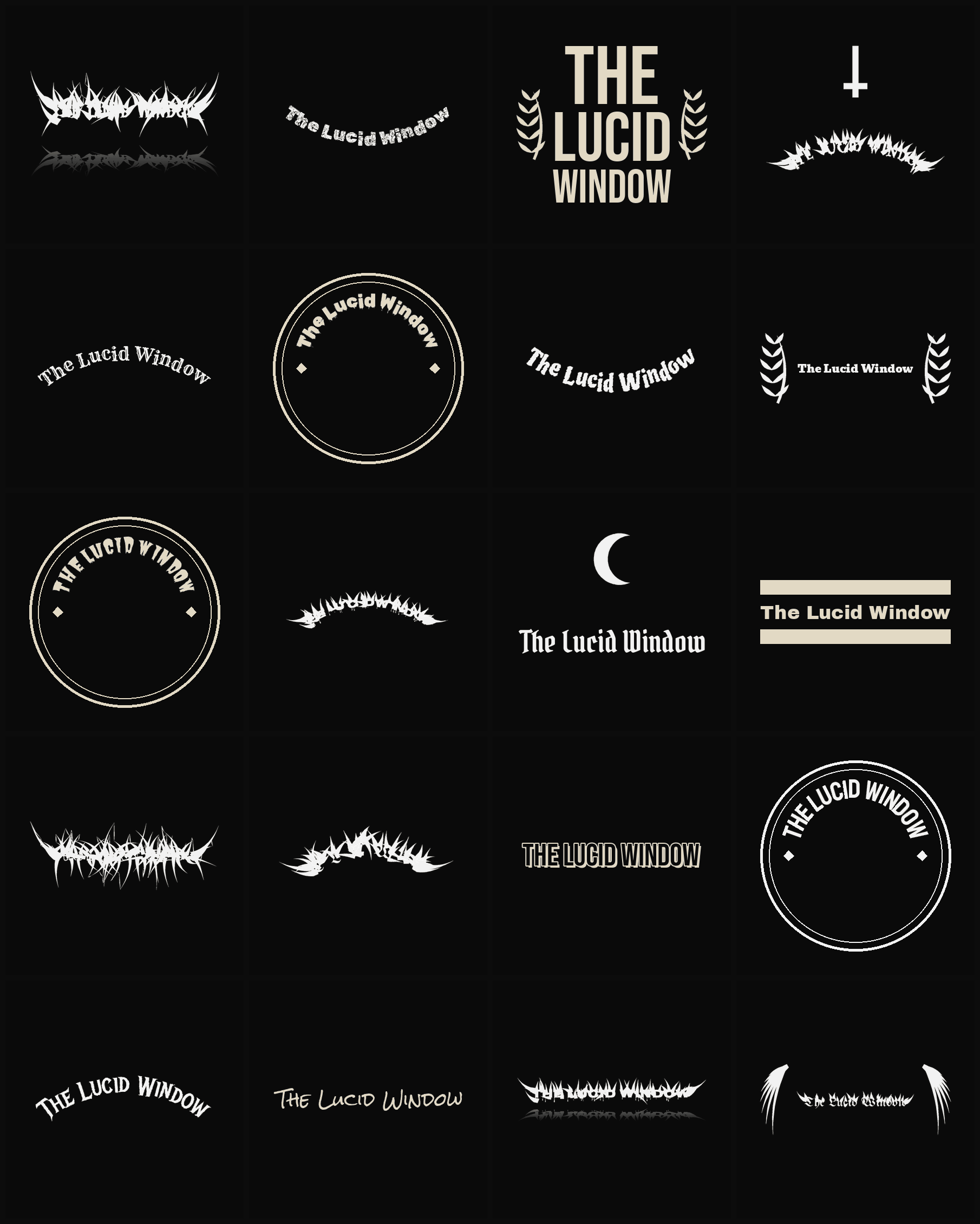 Twenty The Lucid Window band logo ideas — different faces, treatments and spike settings