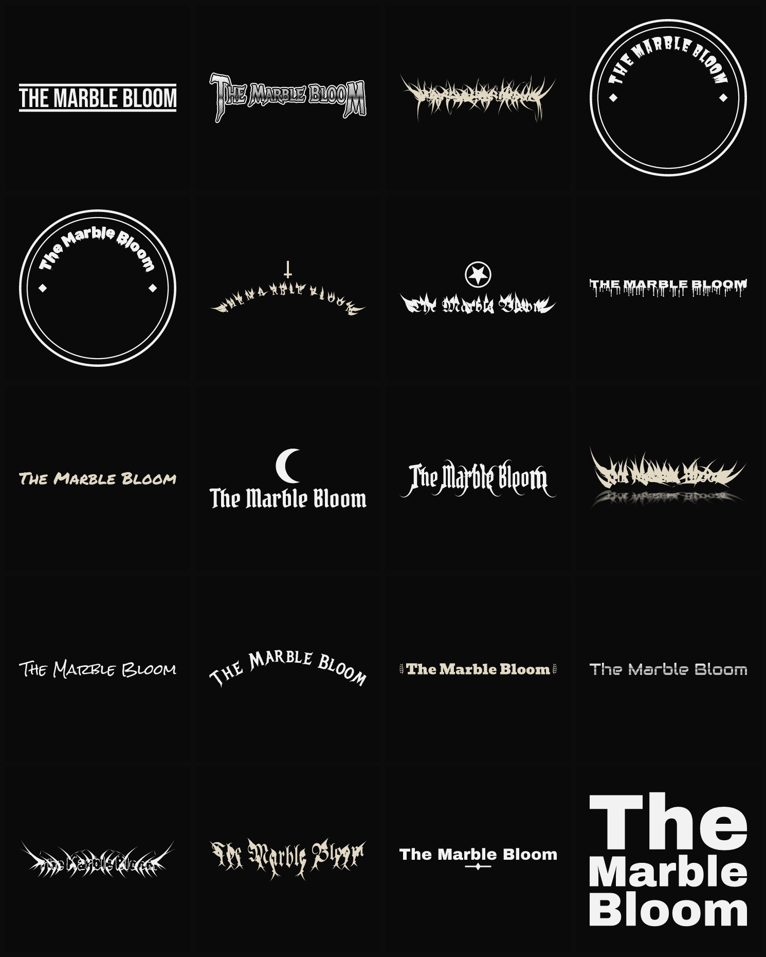 Twenty The Marble Bloom band logo ideas — different faces, treatments and spike settings