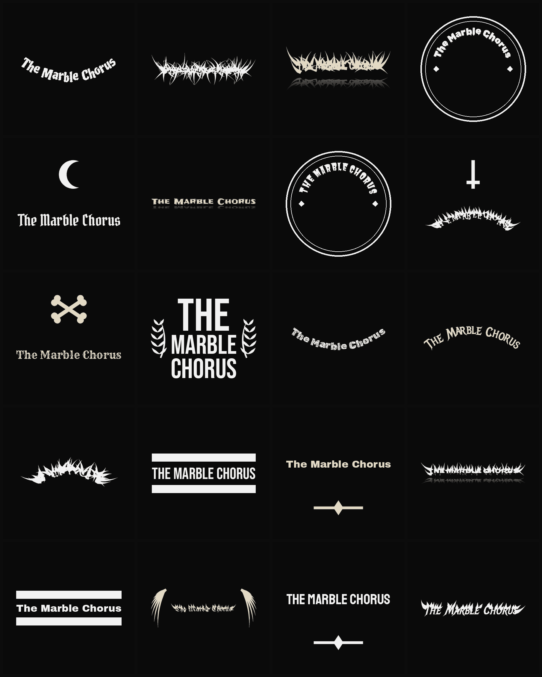 Twenty The Marble Chorus band logo ideas — different faces, treatments and spike settings