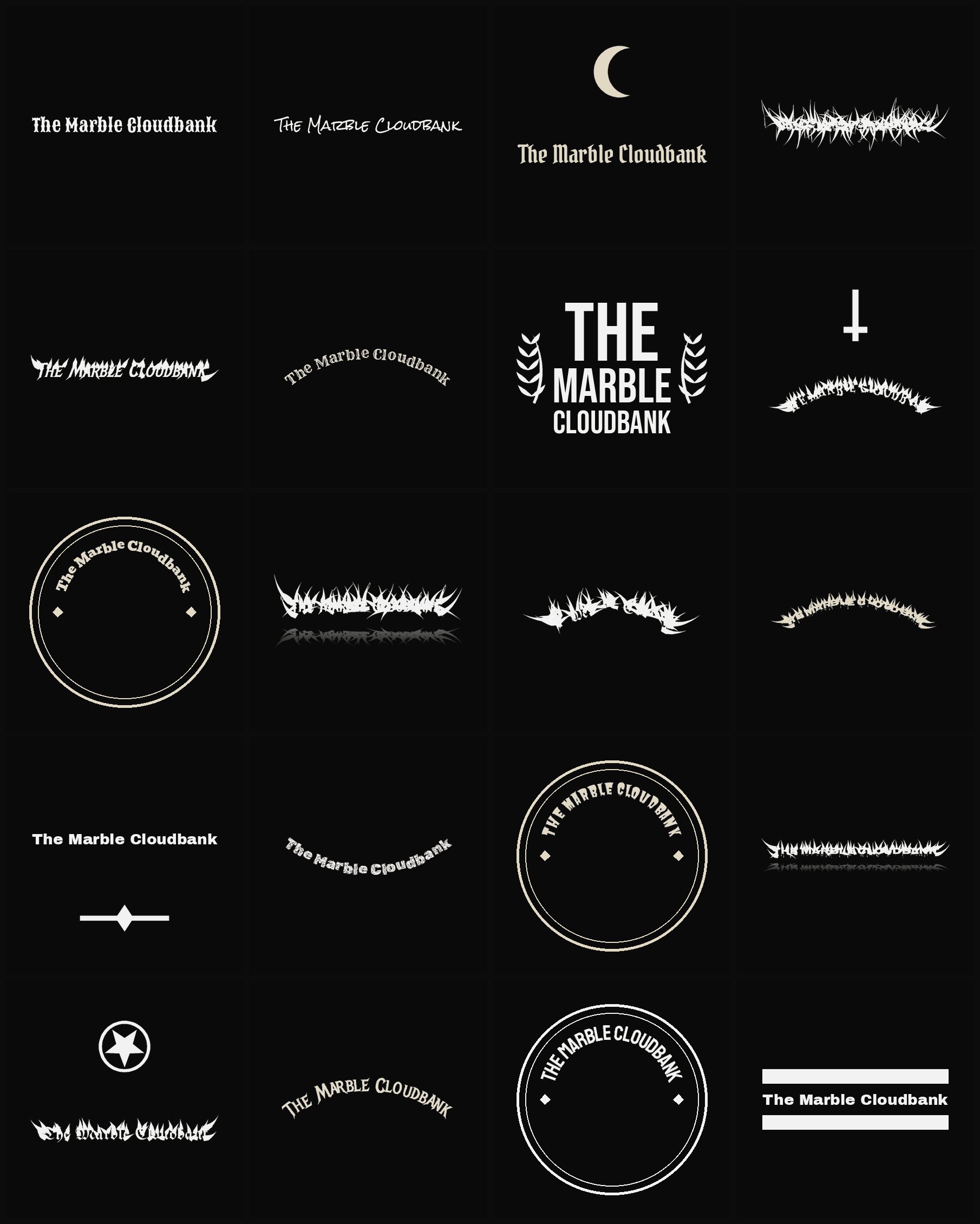 Twenty The Marble Cloudbank band logo ideas — different faces, treatments and spike settings