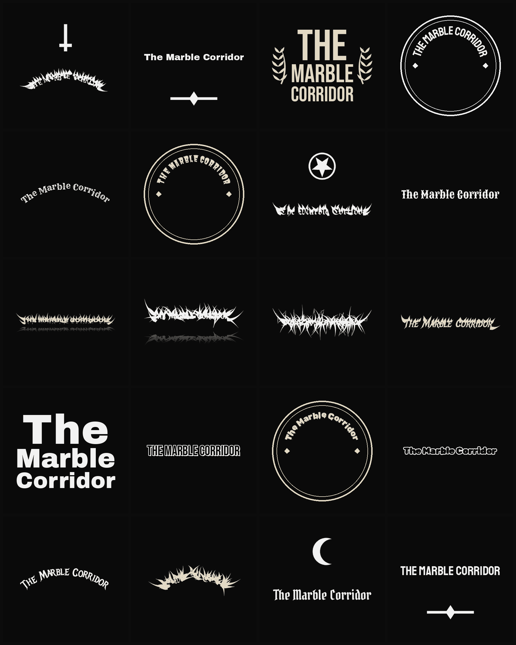 Twenty The Marble Corridor band logo ideas — different faces, treatments and spike settings