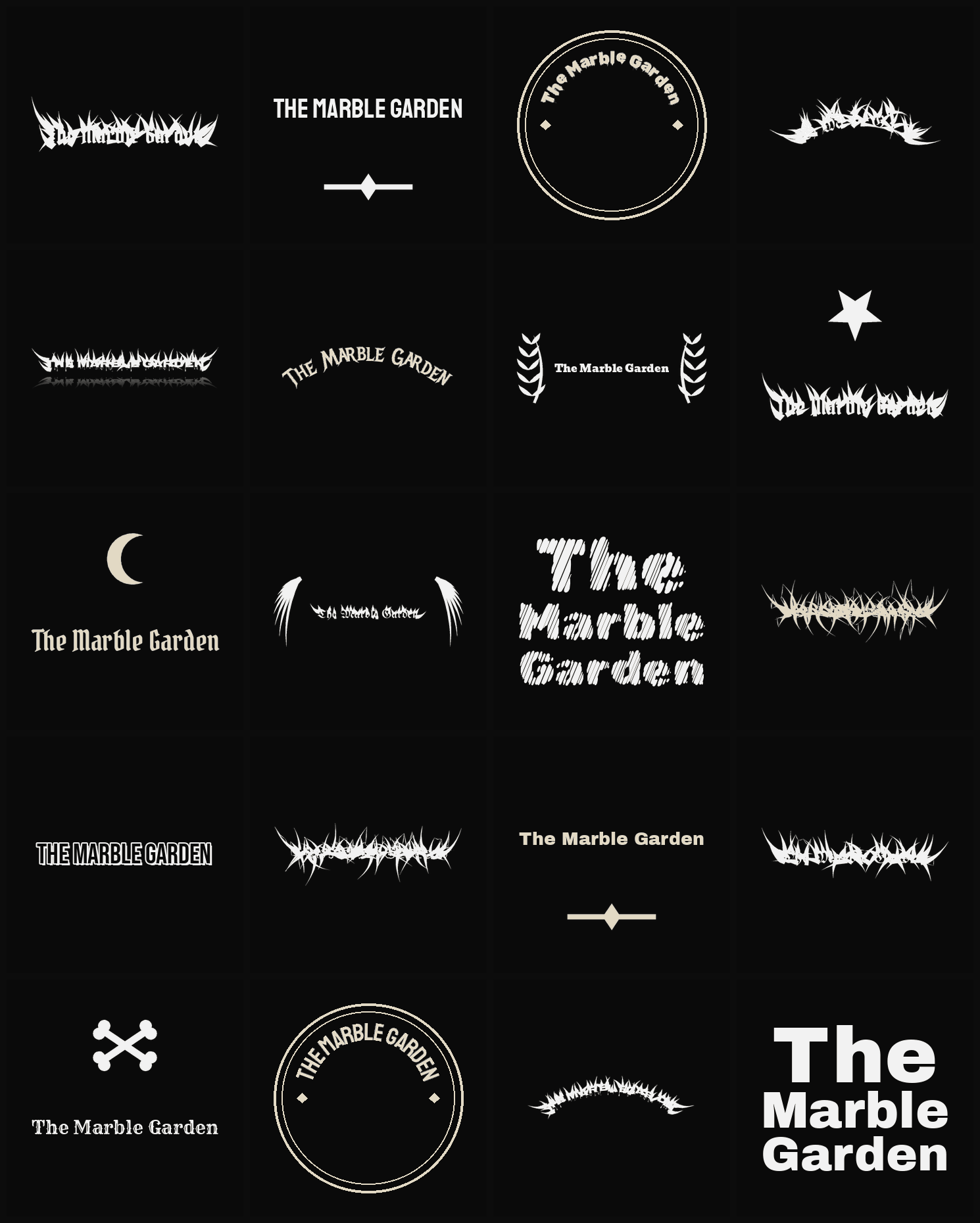 Twenty The Marble Garden band logo ideas — different faces, treatments and spike settings