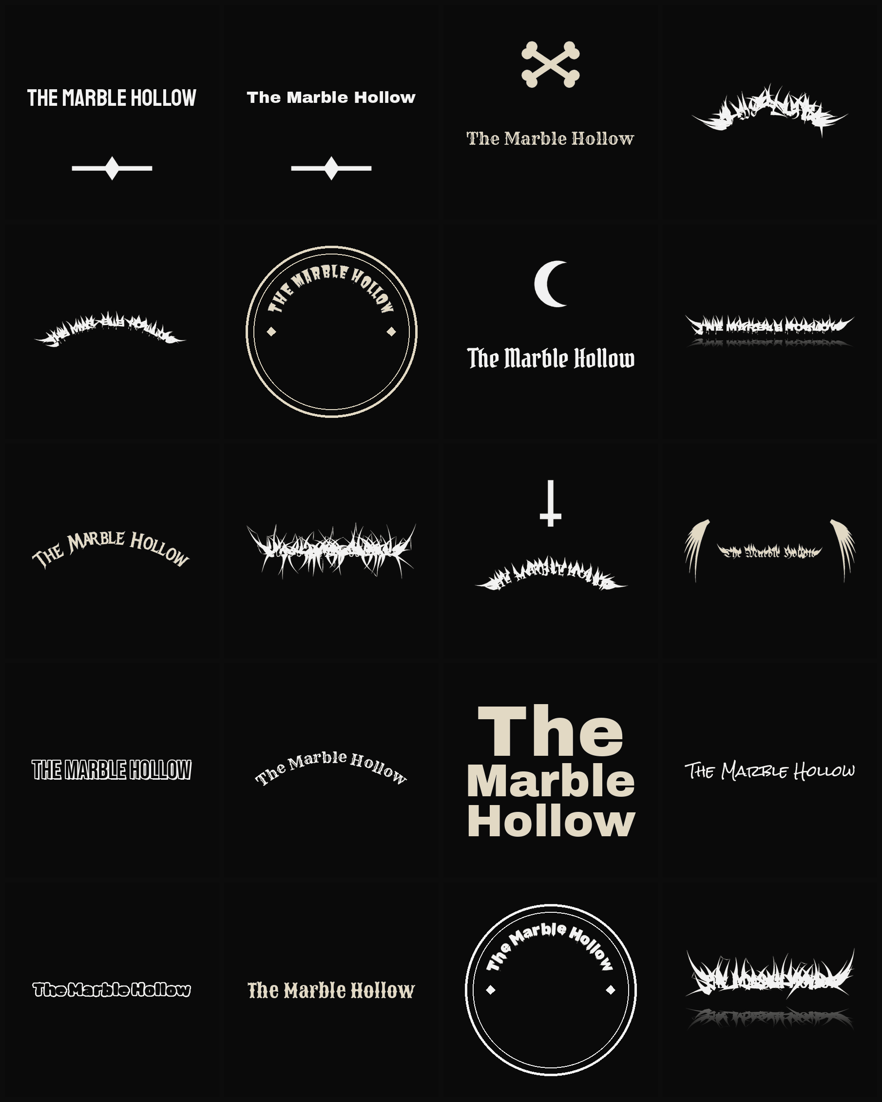 Twenty The Marble Hollow band logo ideas — different faces, treatments and spike settings
