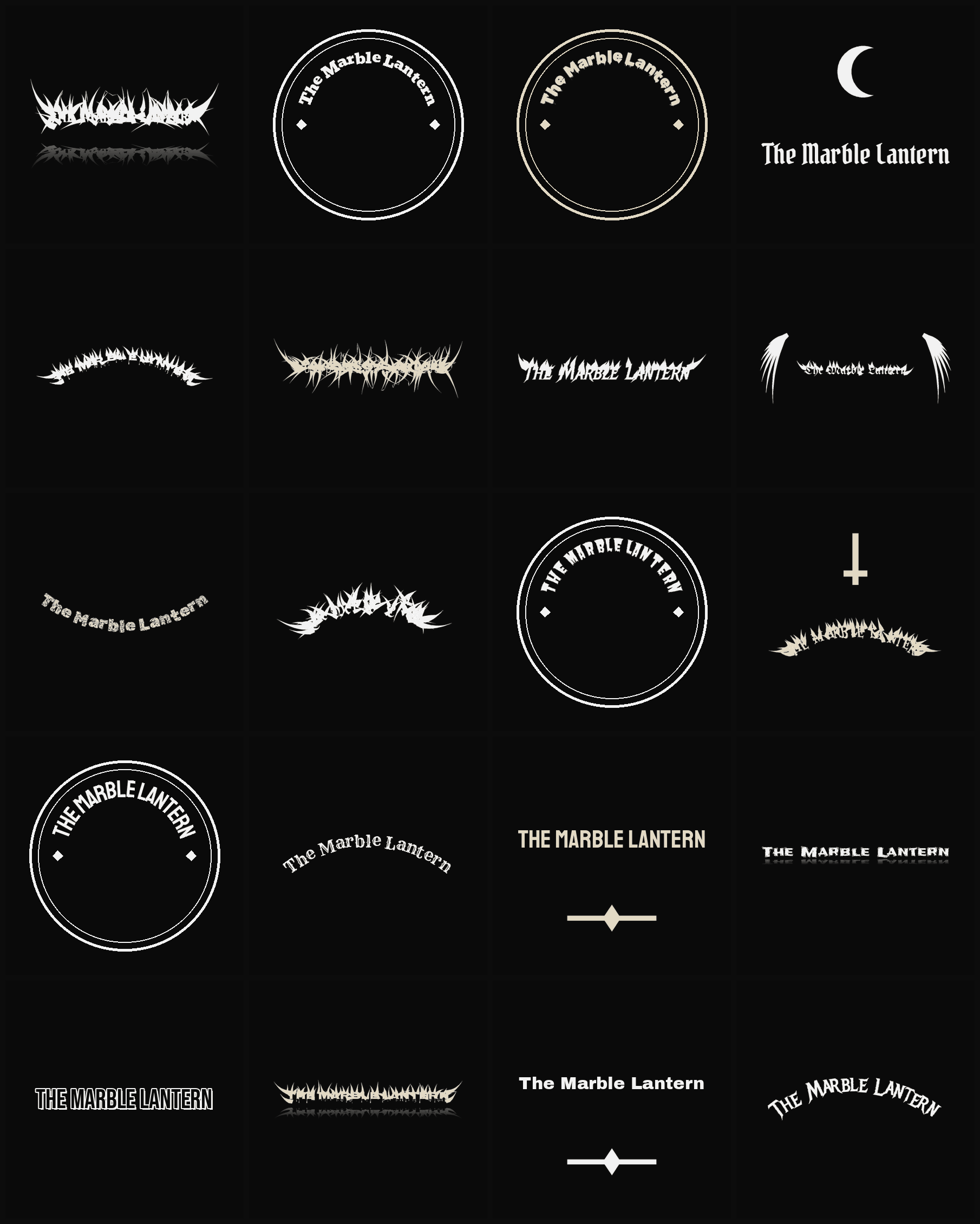 Twenty The Marble Lantern band logo ideas — different faces, treatments and spike settings