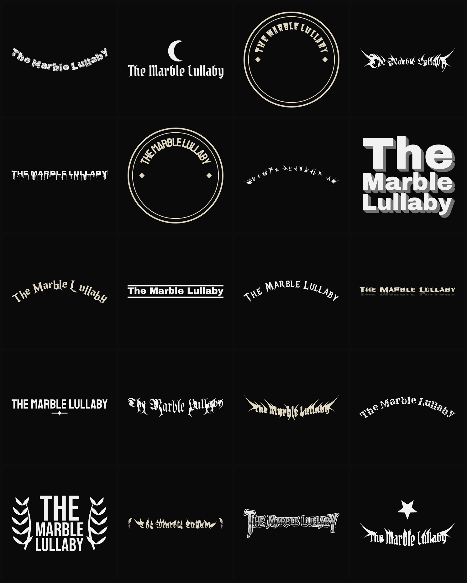 Twenty The Marble Lullaby band logo ideas — different faces, treatments and spike settings
