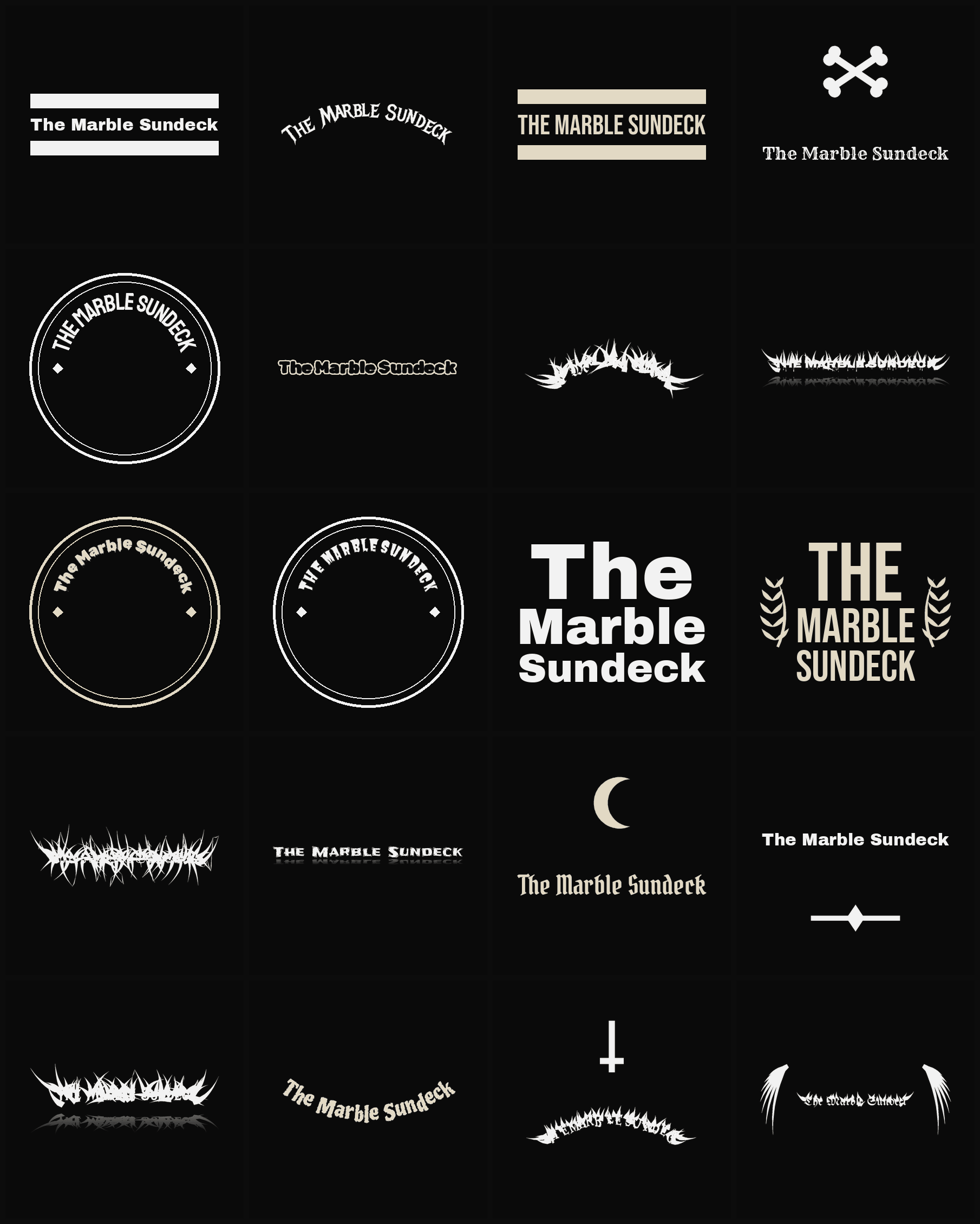 Twenty The Marble Sundeck band logo ideas — different faces, treatments and spike settings