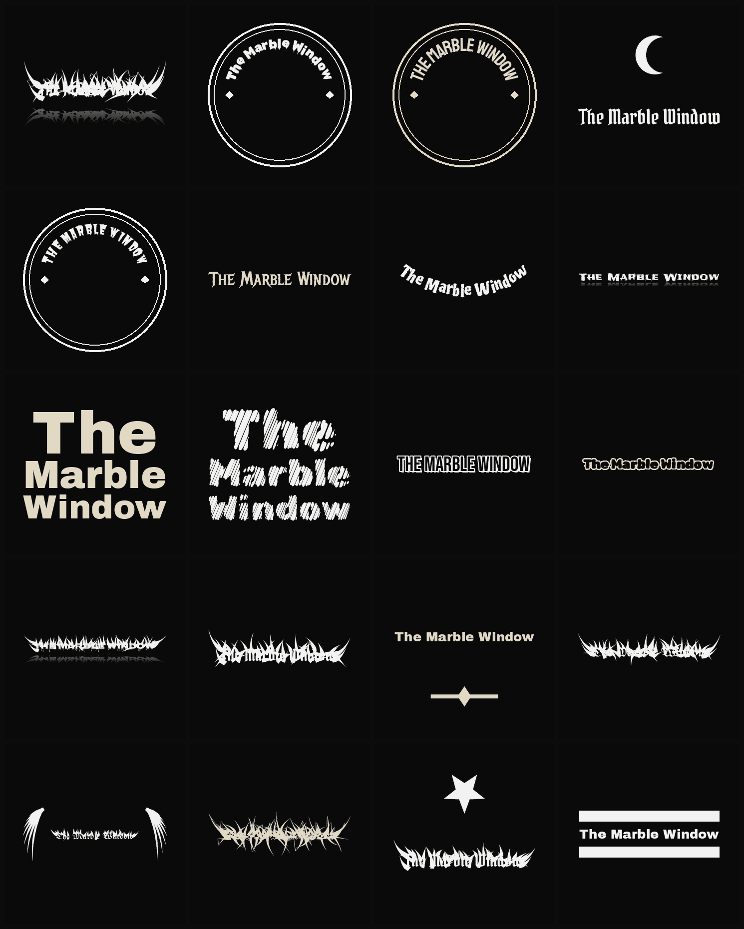 Twenty The Marble Window band logo ideas — different faces, treatments and spike settings