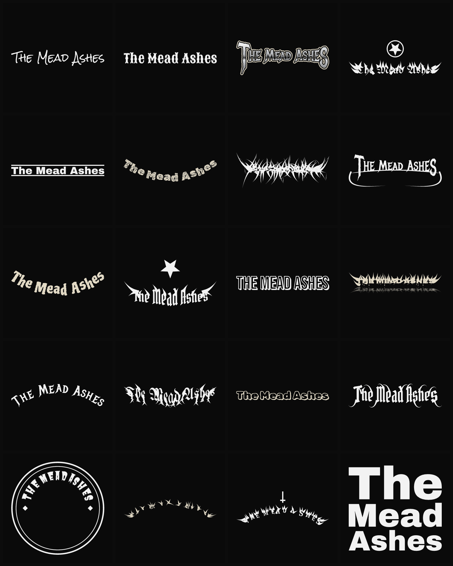 Twenty The Mead Ashes band logo ideas — different faces, treatments and spike settings