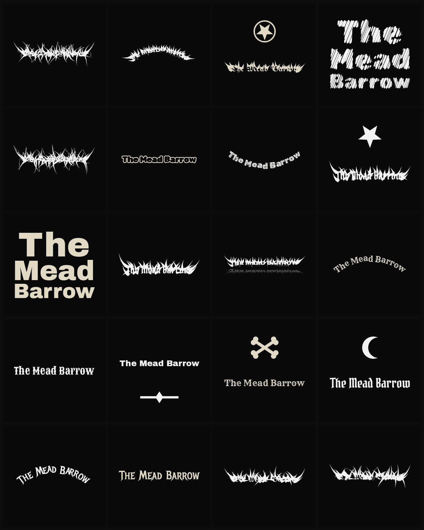 Twenty The Mead Barrow band logo ideas — different faces, treatments and spike settings