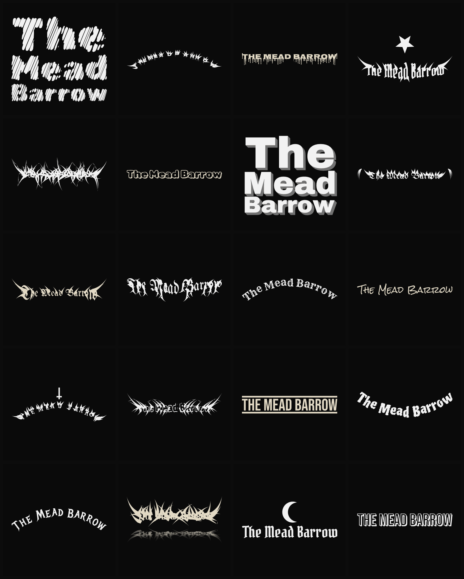 Twenty The Mead Barrow band logo ideas — different faces, treatments and spike settings