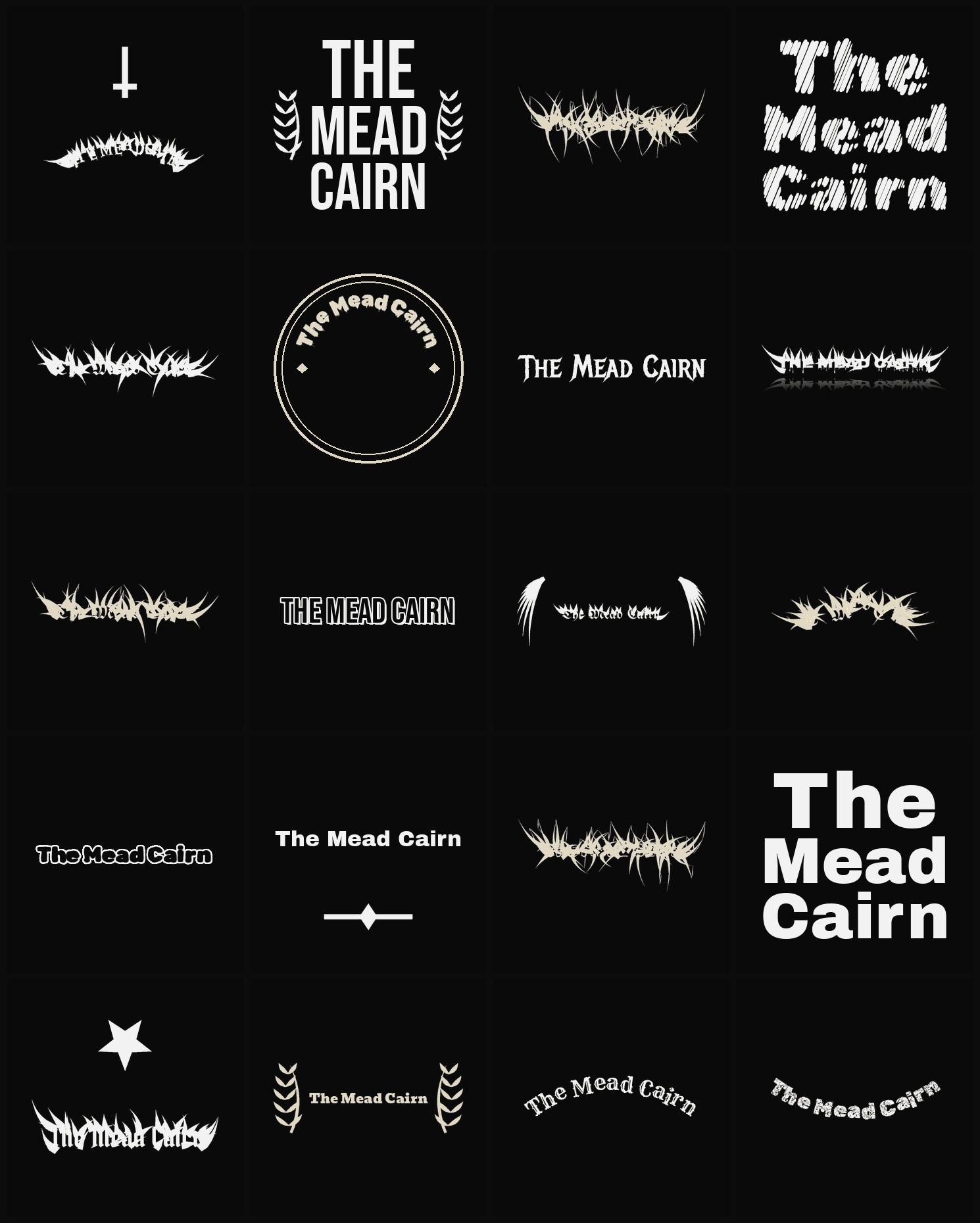 Twenty The Mead Cairn band logo ideas — different faces, treatments and spike settings
