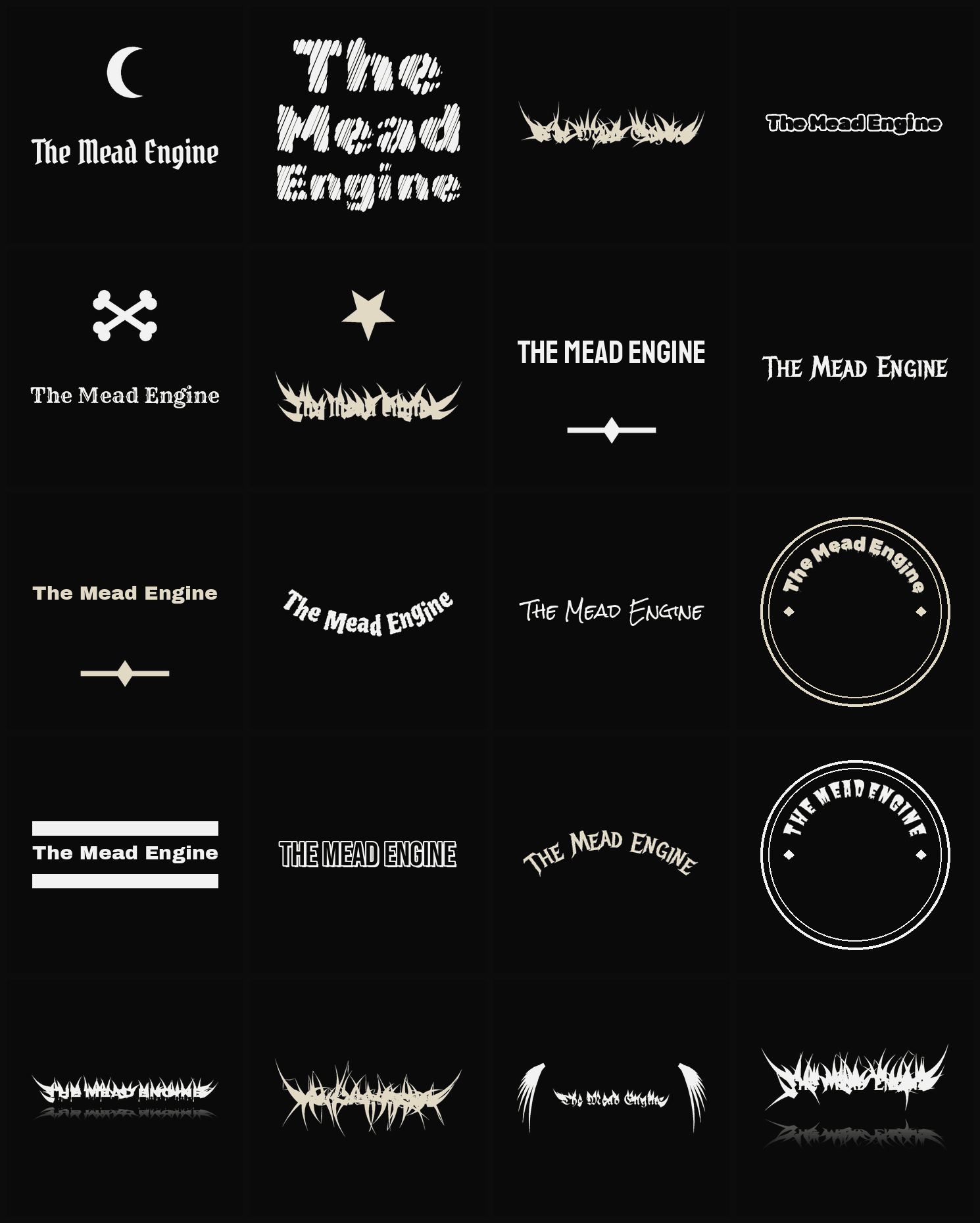 Twenty The Mead Engine band logo ideas — different faces, treatments and spike settings