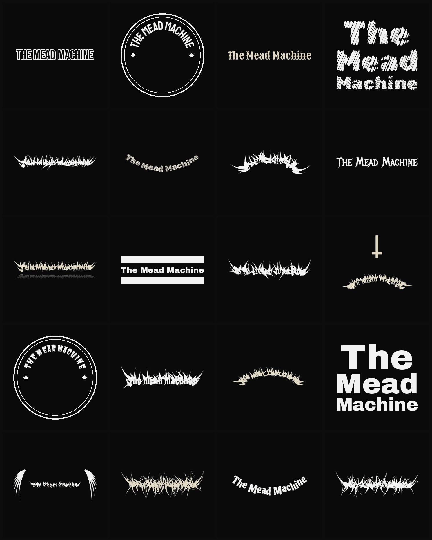 Twenty The Mead Machine band logo ideas — different faces, treatments and spike settings