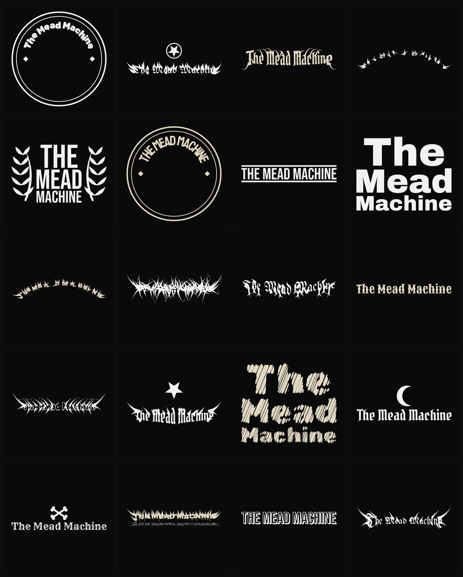 Twenty The Mead Machine band logo ideas — different faces, treatments and spike settings
