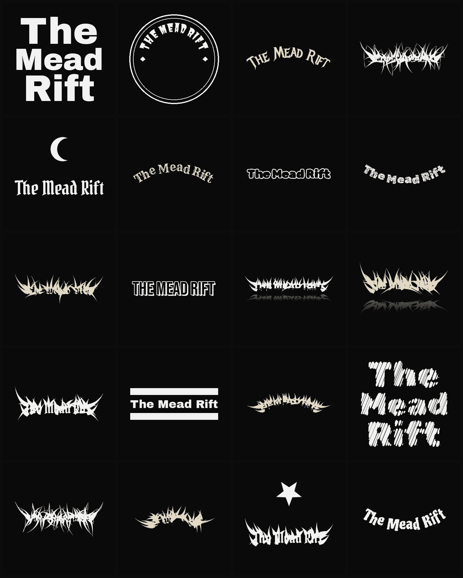Twenty The Mead Rift band logo ideas — different faces, treatments and spike settings