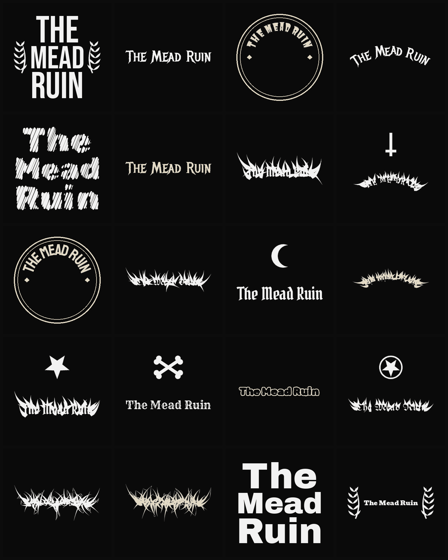 Twenty The Mead Ruin band logo ideas — different faces, treatments and spike settings