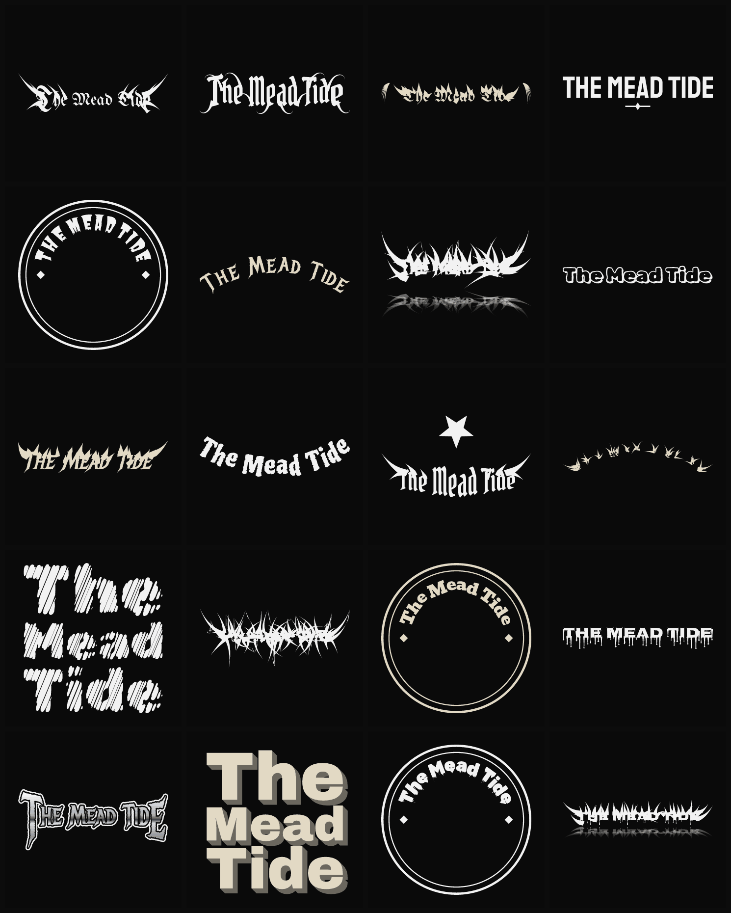 Twenty The Mead Tide band logo ideas — different faces, treatments and spike settings