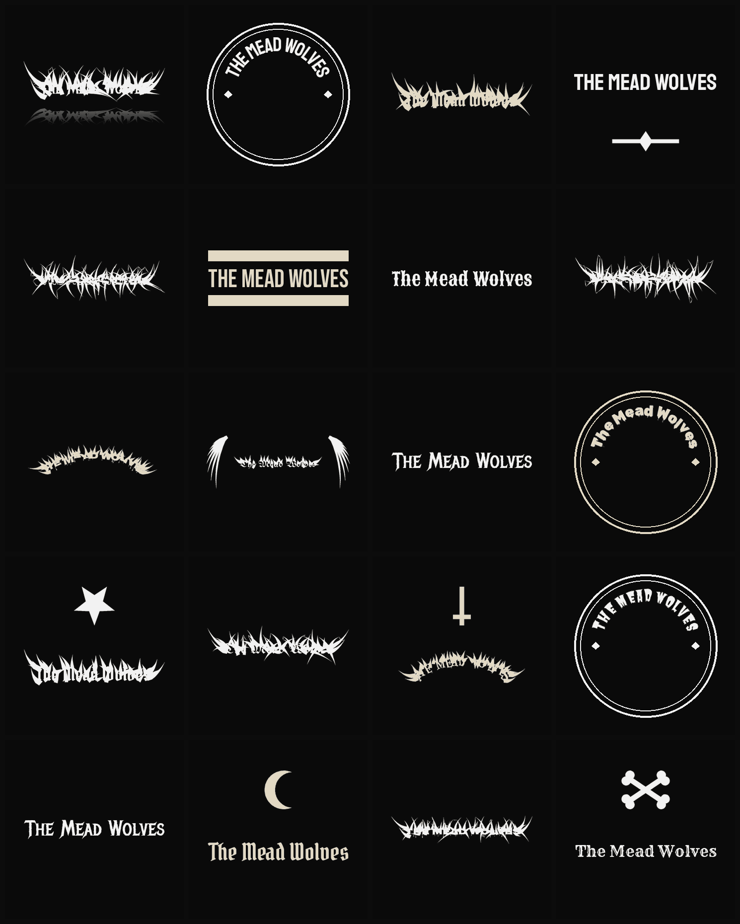 Twenty The Mead Wolves band logo ideas — different faces, treatments and spike settings