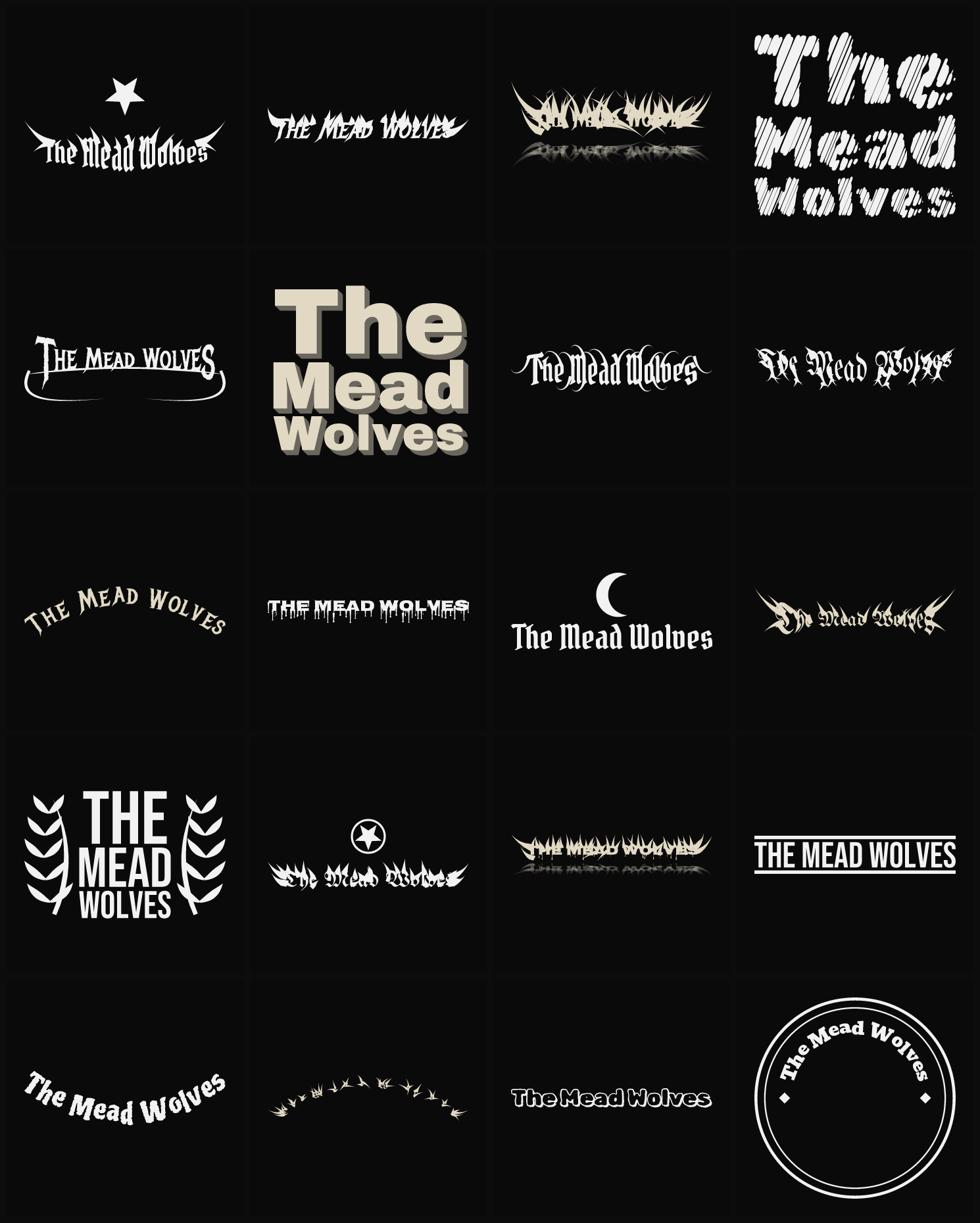 Twenty The Mead Wolves band logo ideas — different faces, treatments and spike settings