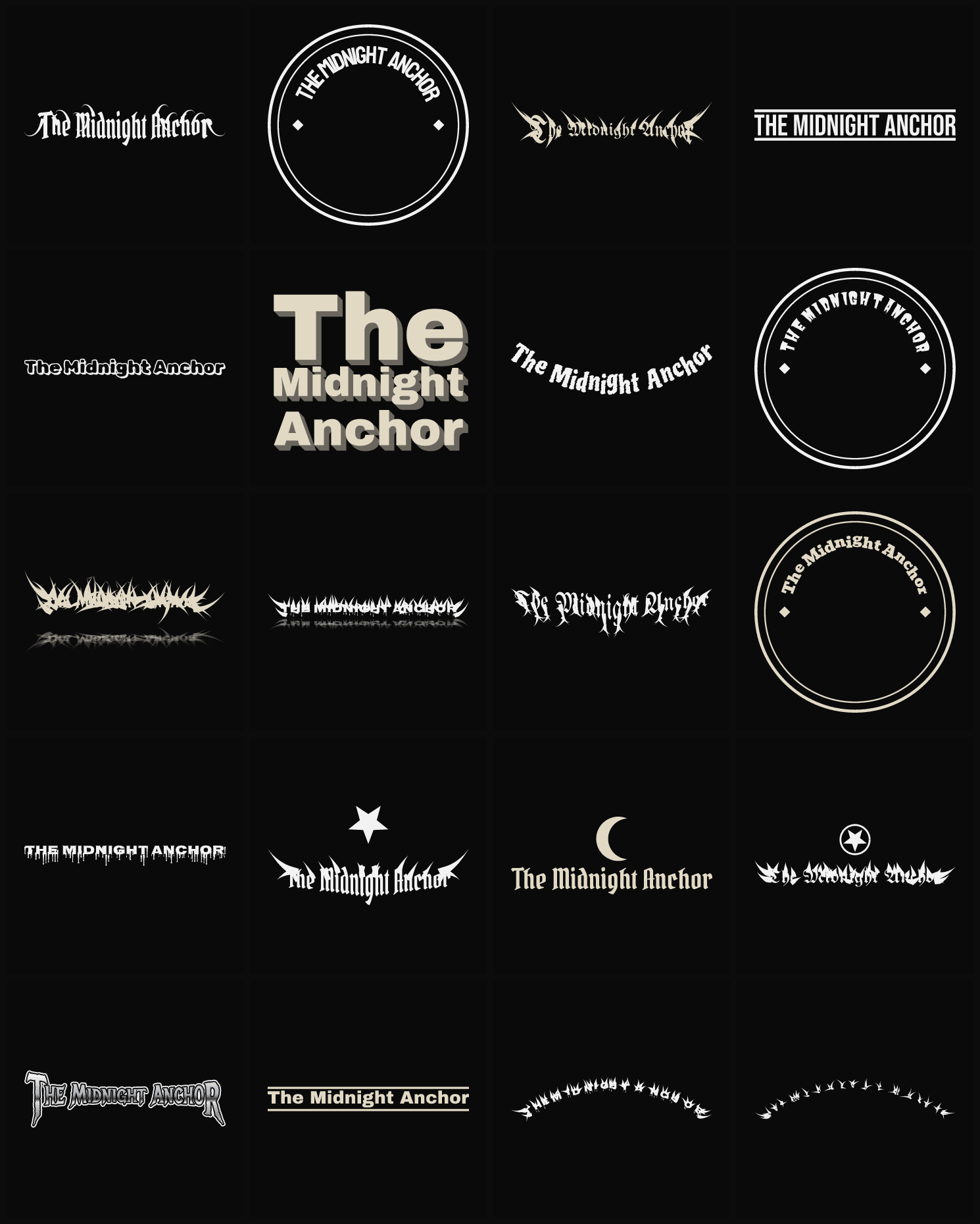 Twenty The Midnight Anchor band logo ideas — different faces, treatments and spike settings