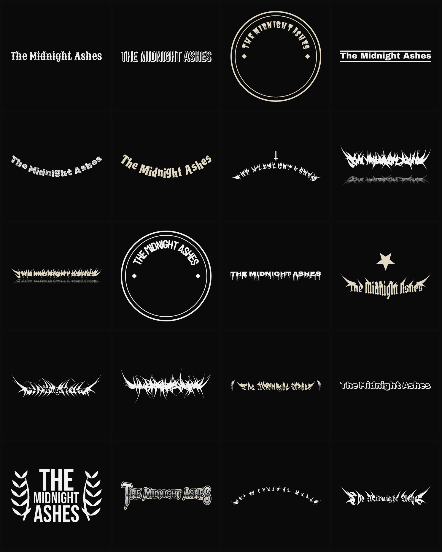 Twenty The Midnight Ashes band logo ideas — different faces, treatments and spike settings