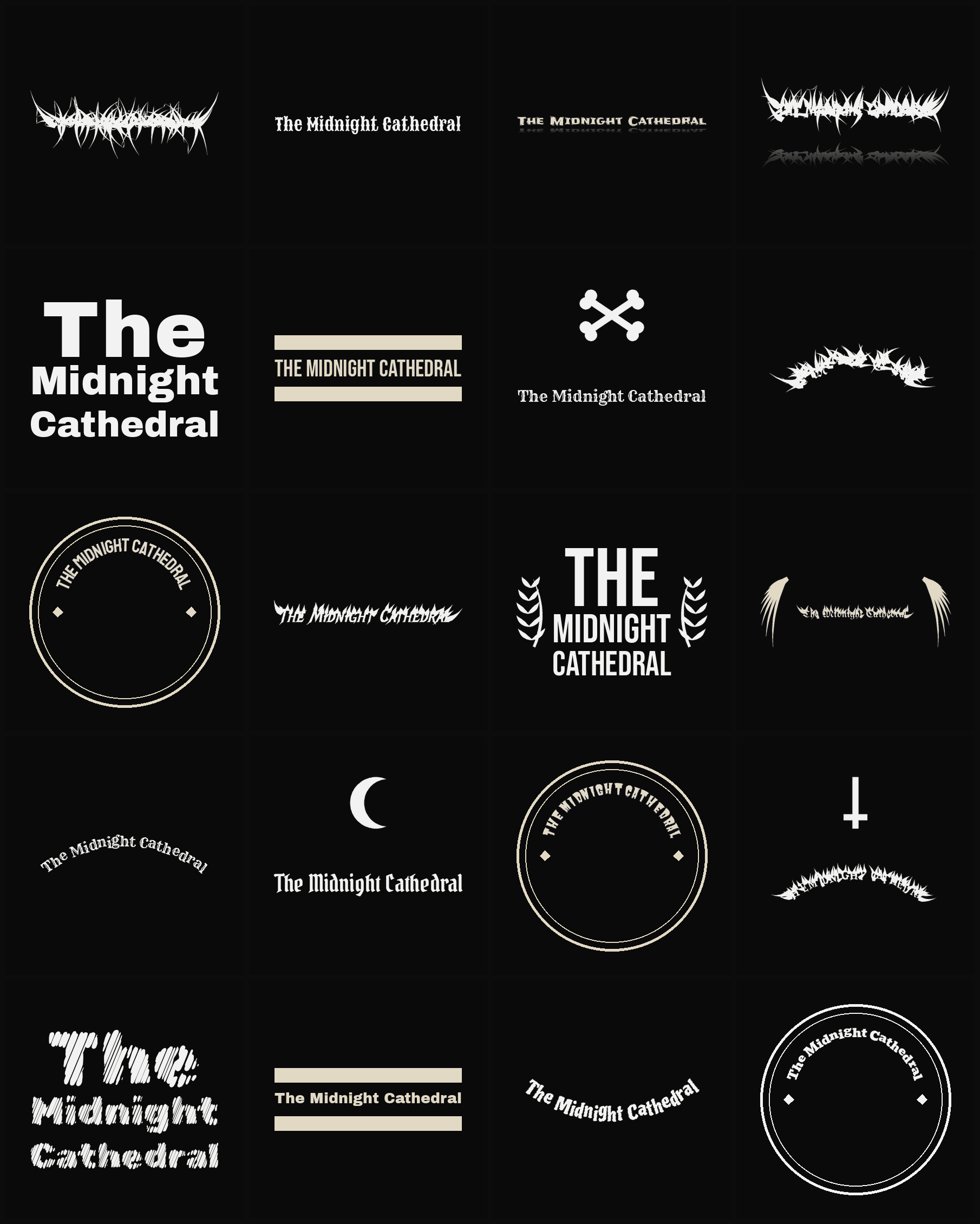 Twenty The Midnight Cathedral band logo ideas — different faces, treatments and spike settings