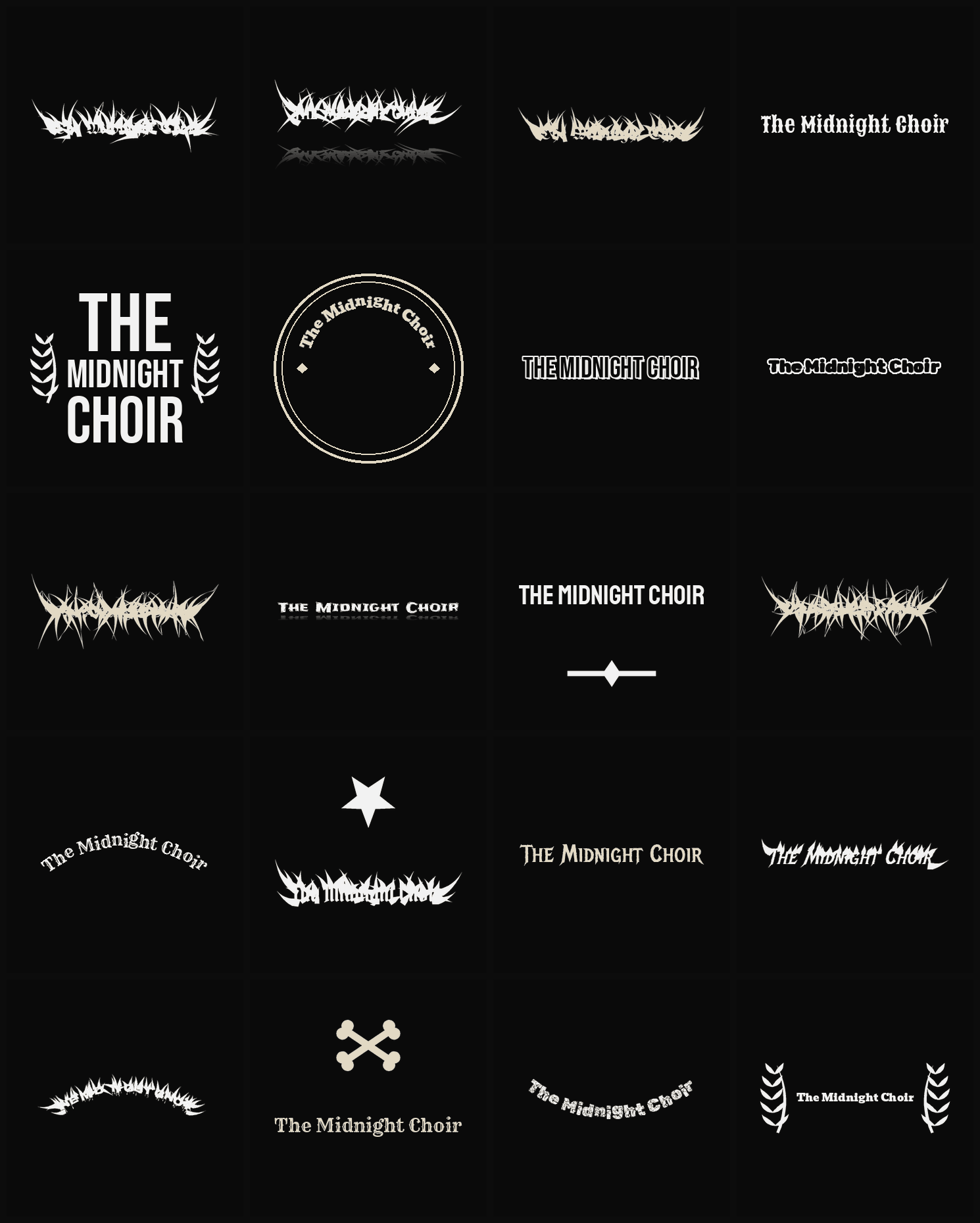 Twenty The Midnight Choir band logo ideas — different faces, treatments and spike settings