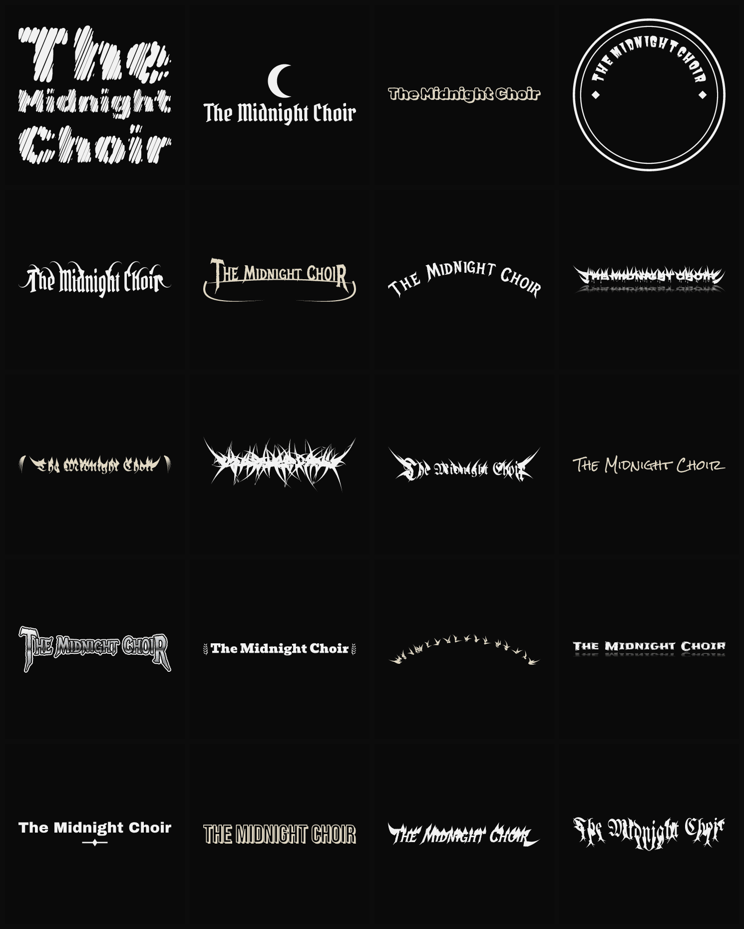 Twenty The Midnight Choir band logo ideas — different faces, treatments and spike settings