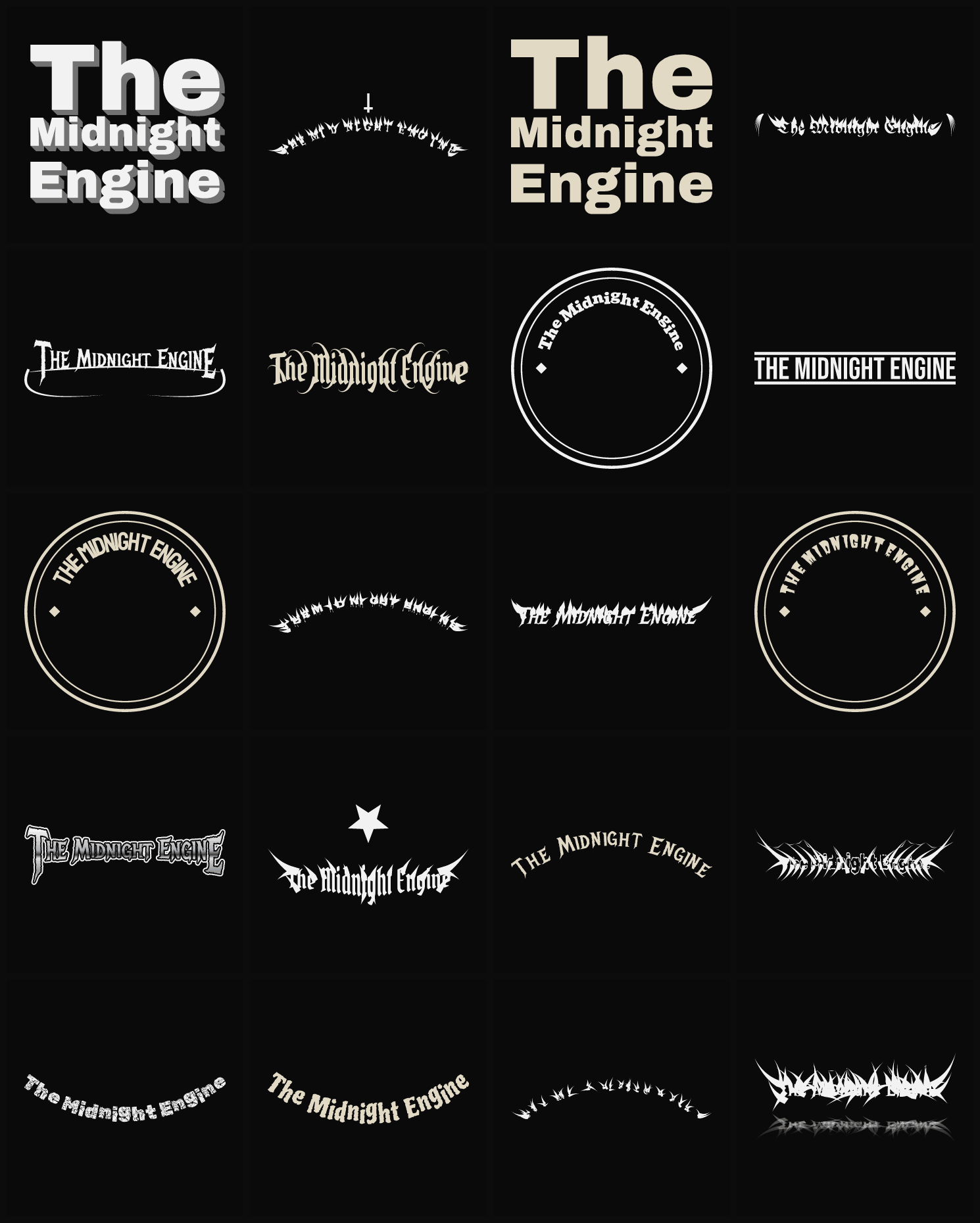 Twenty The Midnight Engine band logo ideas — different faces, treatments and spike settings