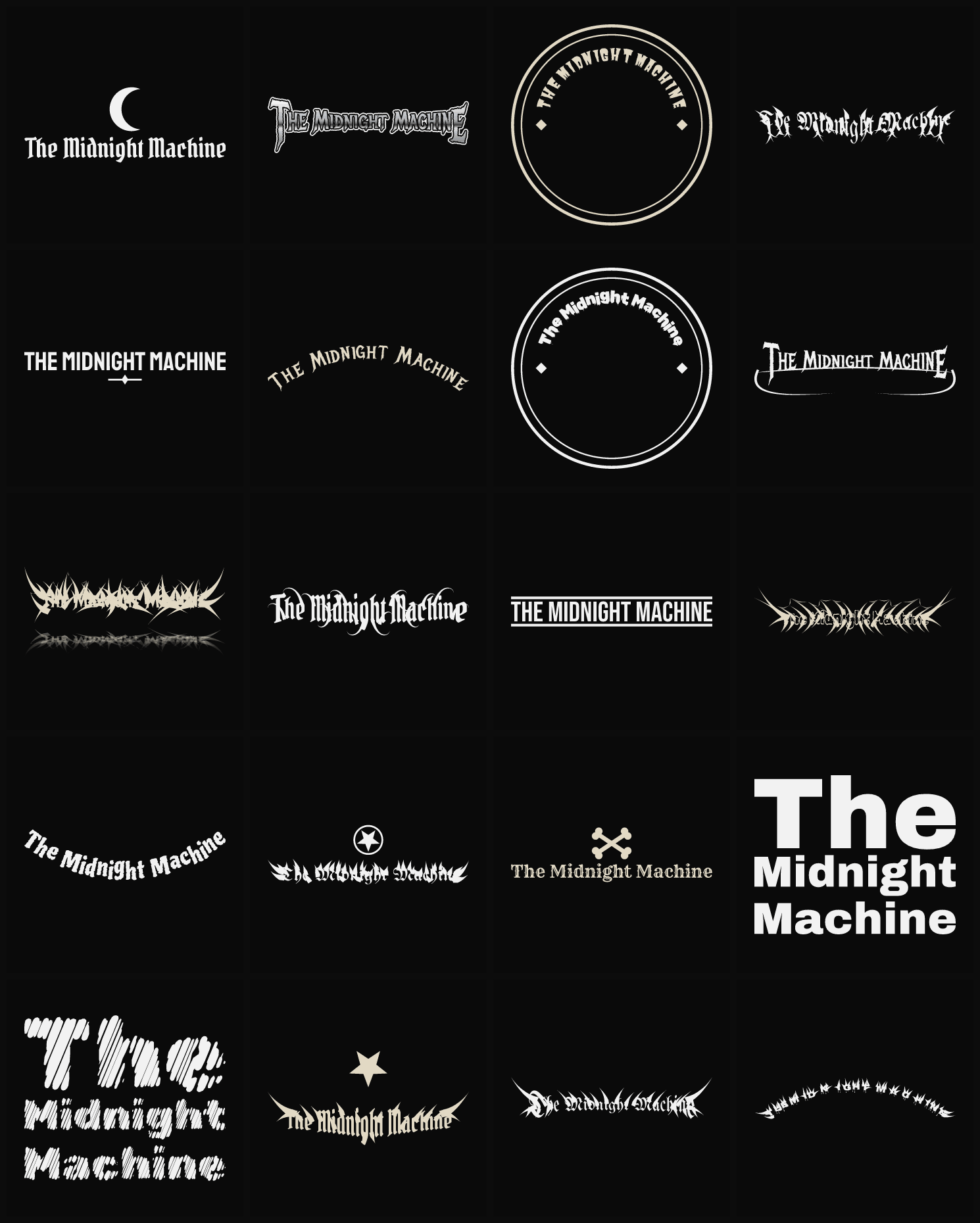 Twenty The Midnight Machine band logo ideas — different faces, treatments and spike settings