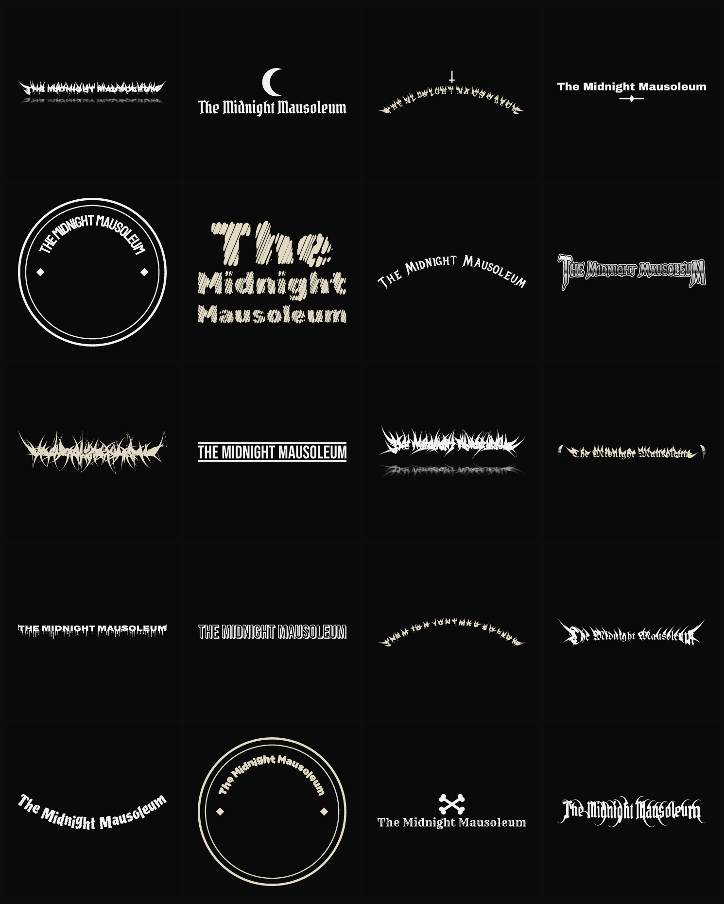 Twenty The Midnight Mausoleum band logo ideas — different faces, treatments and spike settings