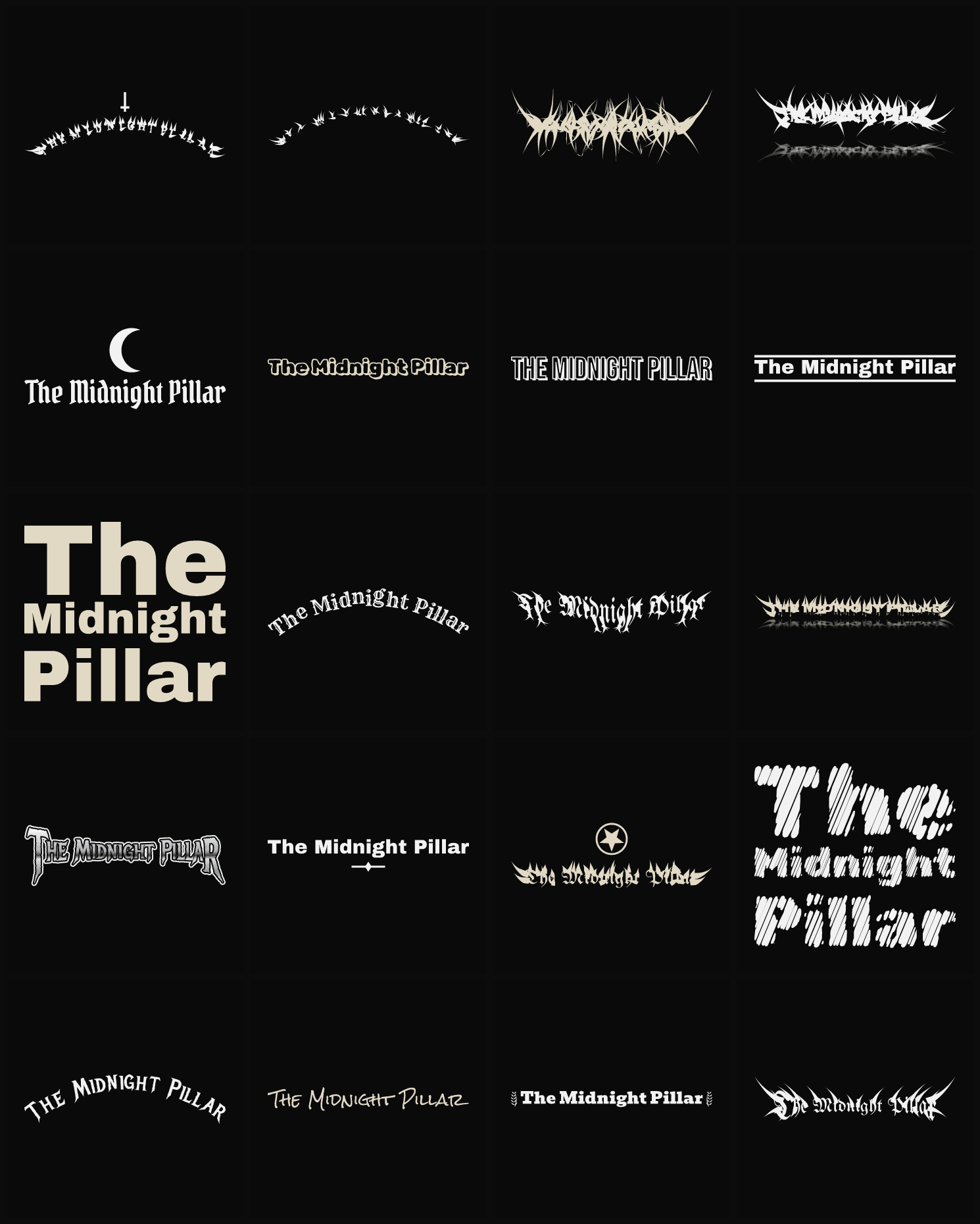 Twenty The Midnight Pillar band logo ideas — different faces, treatments and spike settings